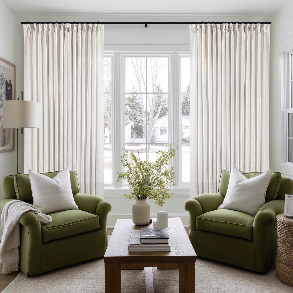 90 Inch Pinch Pleated Linen Curtains 2 Panel Set for Living Room Cream Natural Thick Linen Textured Drapes 90 Inches Long Pinch Pleat Drapes Birch Ivory Semi Sheer Curtain for Dining Bedroom Office