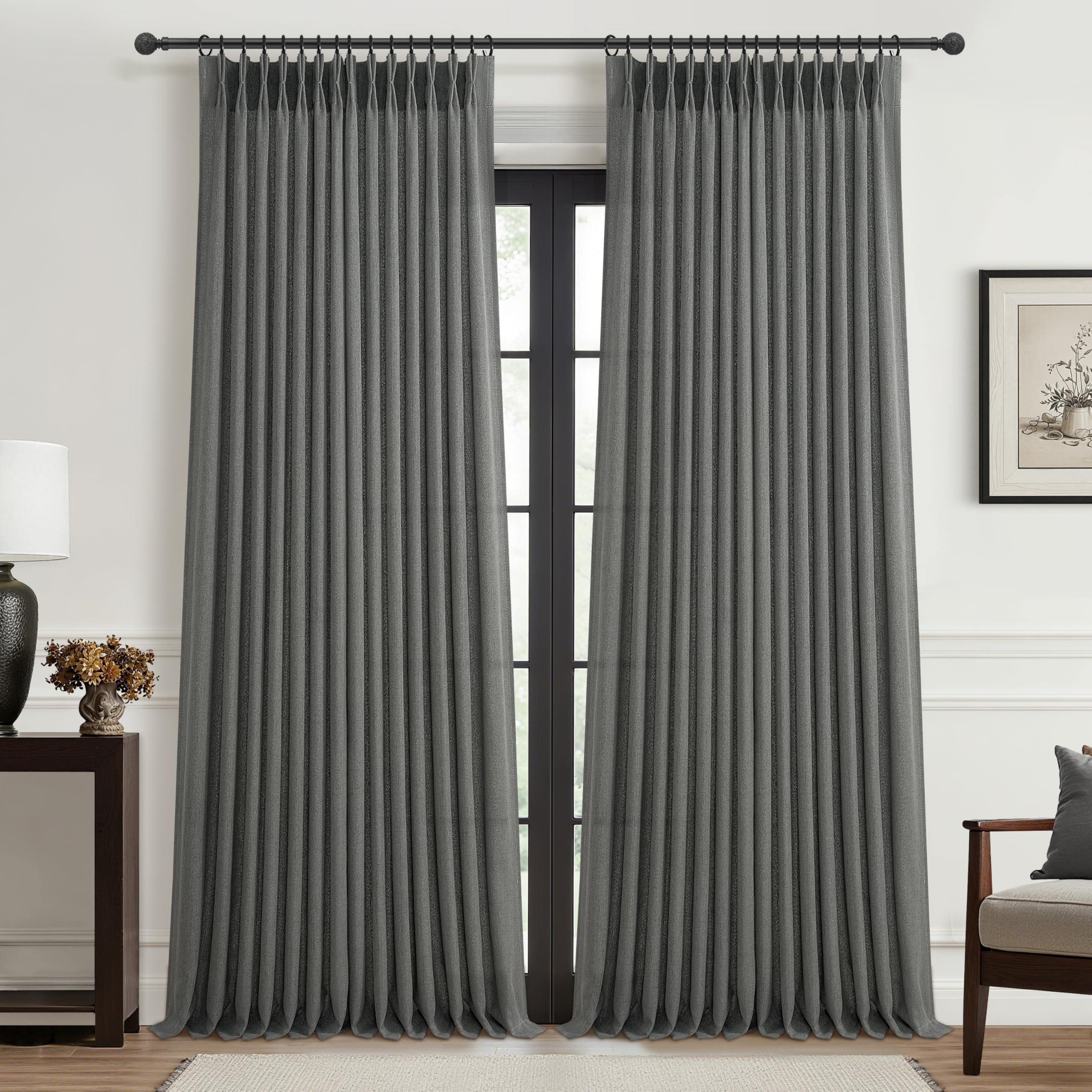 PleatedDrapes 96 Inch Curtains 2 Panel Set, Modern Linen Pleat Back Tab Dining Room Window Curtains Light Filtering Aesthetic Semi Sheer Living Room Drapes with Hooks Ring Cream Oatmeal W40 x L96