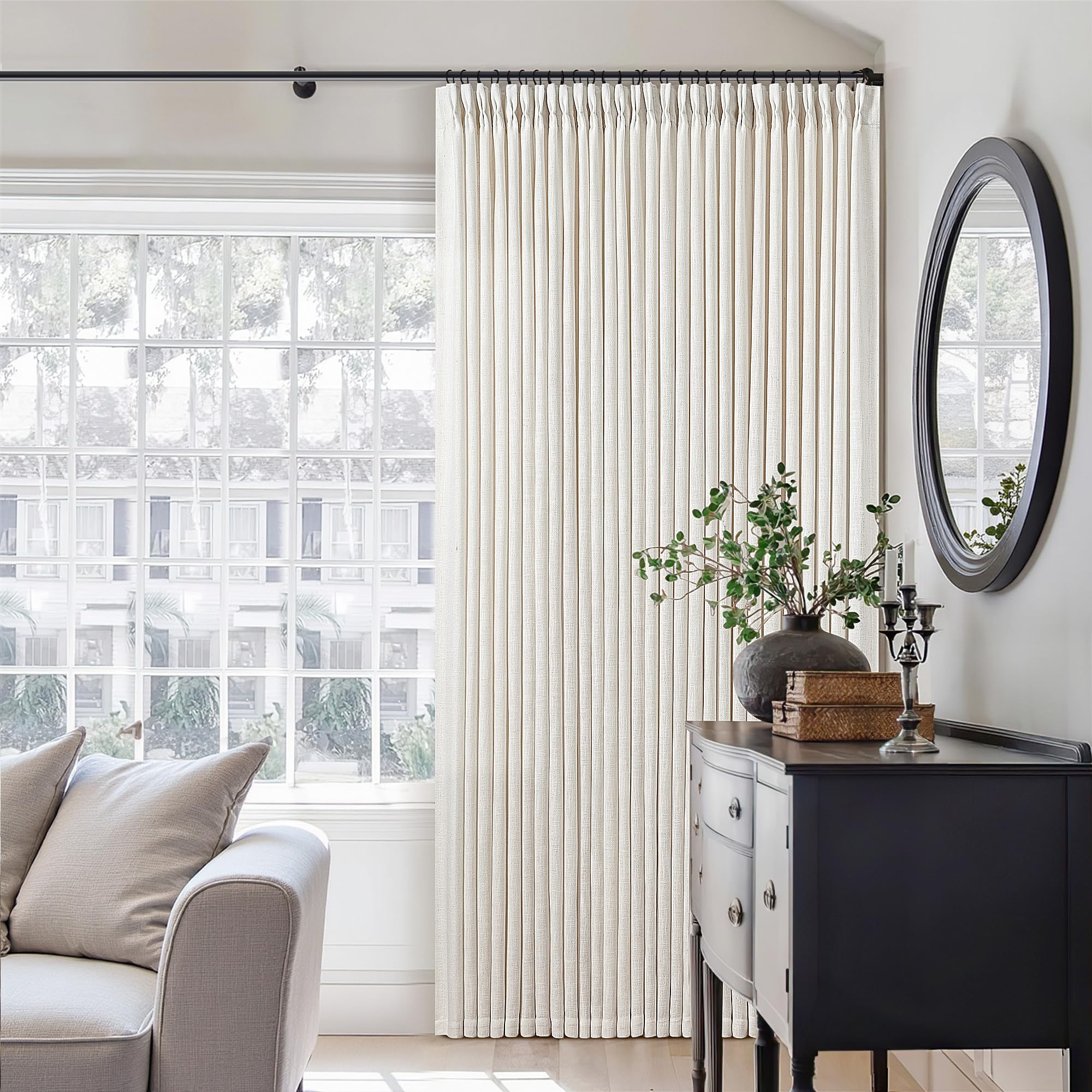90 Inch Pinch Pleated Linen Curtains 2 Panel Set for Living Room Cream Natural Thick Linen Textured Drapes 90 Inches Long Pinch Pleat Drapes Birch Ivory Semi Sheer Curtain for Dining Bedroom Office