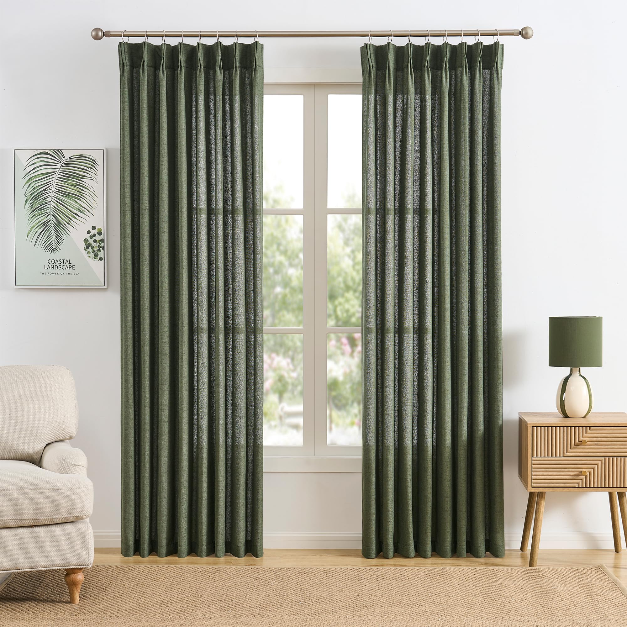 RAIN CITY 102 Inch Curtains Pinch Pleated 2 Panels Set, Back Tab with Hooks Semi Sheer Linen Curtains for Living Room Primitive Window Drapes for Sliding Door Sand Beach Decor 42 Each Wide