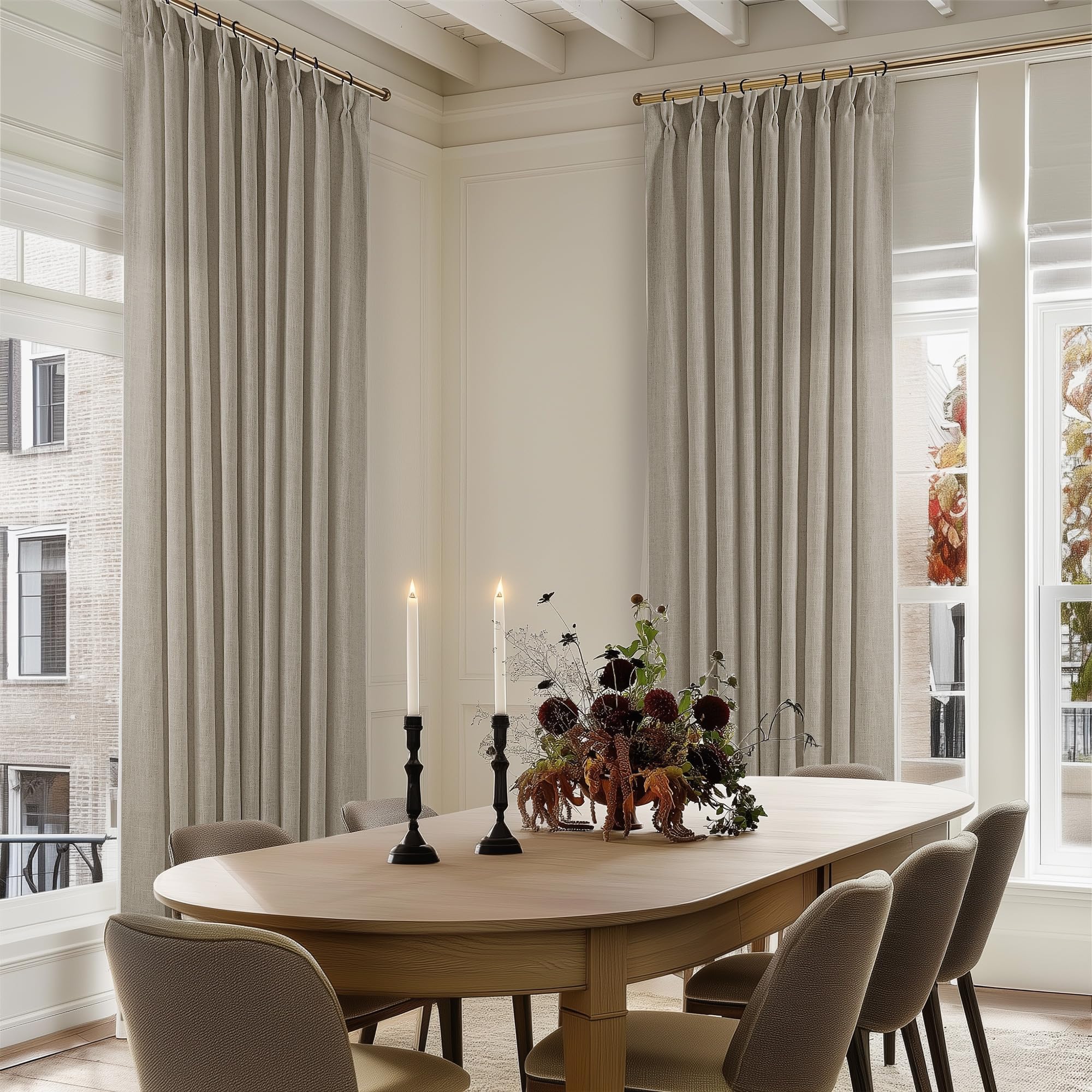 90 Inch Pinch Pleated Linen Curtains 2 Panel Set for Living Room Cream Natural Thick Linen Textured Drapes 90 Inches Long Pinch Pleat Drapes Birch Ivory Semi Sheer Curtain for Dining Bedroom Office