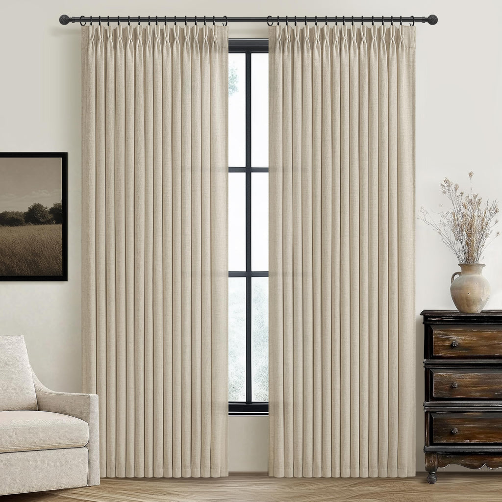 PleatedDrapes 96 Inch Curtains 2 Panel Set, Modern Linen Pleat Back Tab Dining Room Window Curtains Light Filtering Aesthetic Semi Sheer Living Room Drapes with Hooks Ring Cream Oatmeal W40 x L96
