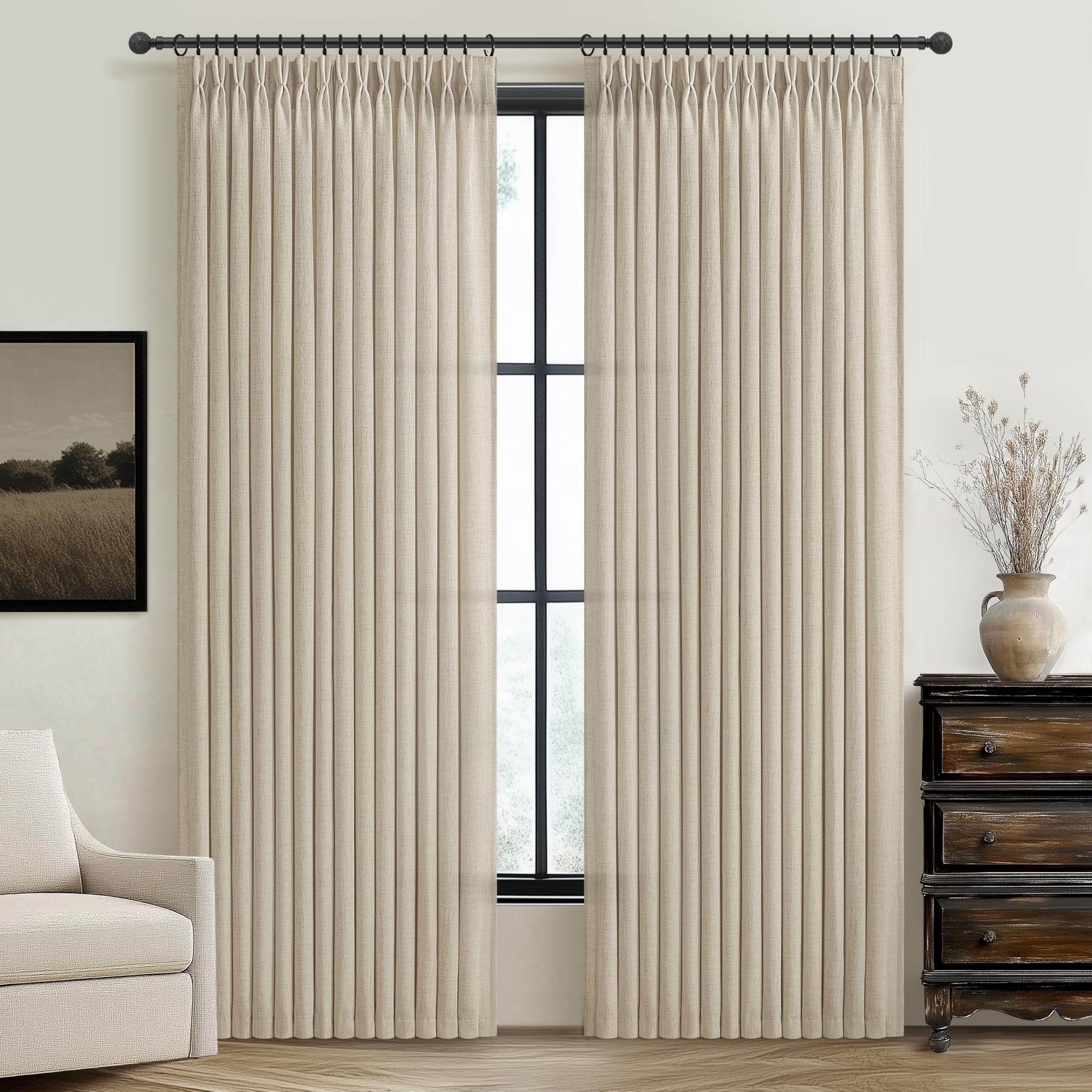 PleatedDrapes 96 Inch Curtains 2 Panel Set, Modern Linen Pleat Back Tab Dining Room Window Curtains Light Filtering Aesthetic Semi Sheer Living Room Drapes with Hooks Ring Cream Oatmeal W40 x L96