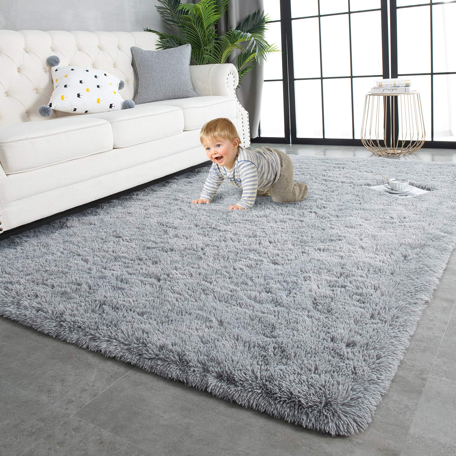 TWINNIS Super Soft Shaggy Rugs Fluffy Carpets, 6x9 Feet, Indoor Modern Plush Area Rugs for Living Room Bedroom Kids Room Nursery Home Decor, Upgrade Anti-Skid Rectangular Fuzzy Rug, Black Gray