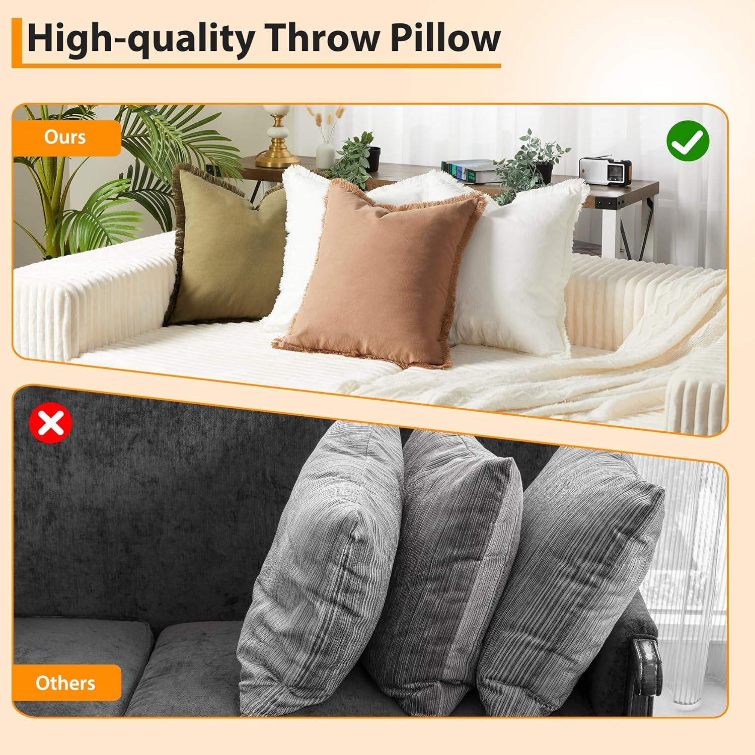 Boho Fringe Throw Pillow Covers Set of 4, Washed Cotton Decorative Square Cushion Cases with Raw Edge Fringe, Neutral Earth Tone Farmhouse Decor Pillow Covers for Sofa Couch Bed Home Decoration