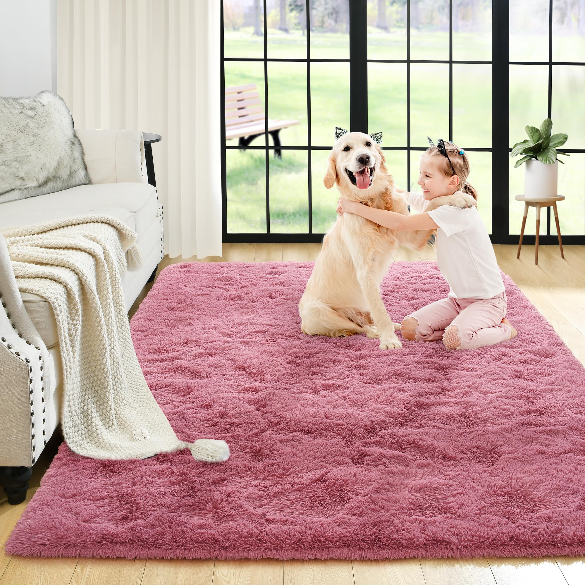 8x10 Extra Large Green Area Rug for Living Room Bedroom Dining Room, Fluffy Shag Soft Plush Furry Carpet Solid Color, Non-Slip Indoor Floor Mat for Kids Home Decor