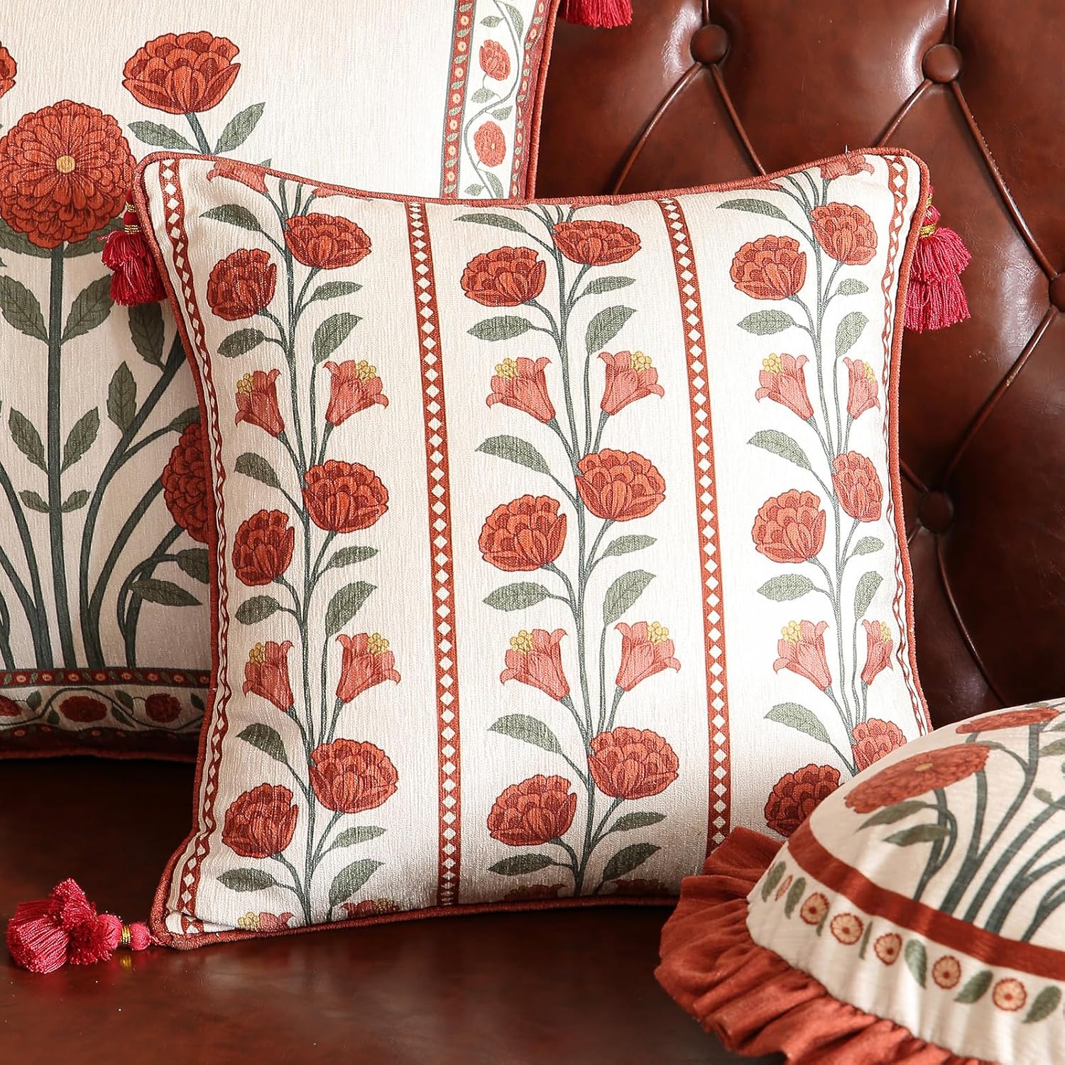 bilin gaier Vintage Square Throw Pillow Covers Pack of 2,Red Cozy Velvet with Leaves and Floral Pattern Pillowcases,Decoration Pillows Cushion Covers for Living Room Couch Sofa Bed Car Chair,18"x18"