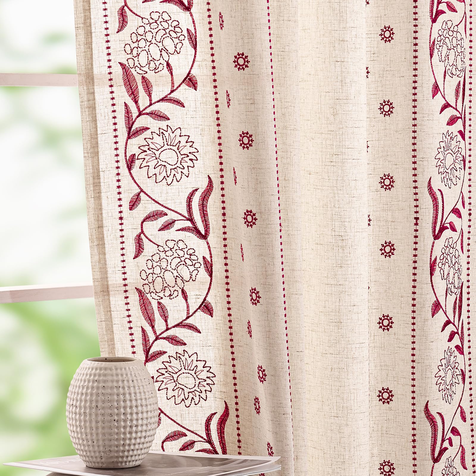 jinchan Winslow Linen Curtains for Bedroom 84 Inches Length Embroidered Bordered Floral Curtains for Living Room Farmhouse Decor Light Filtering Window Treatments Sage on Beige Drapes 2 Panels