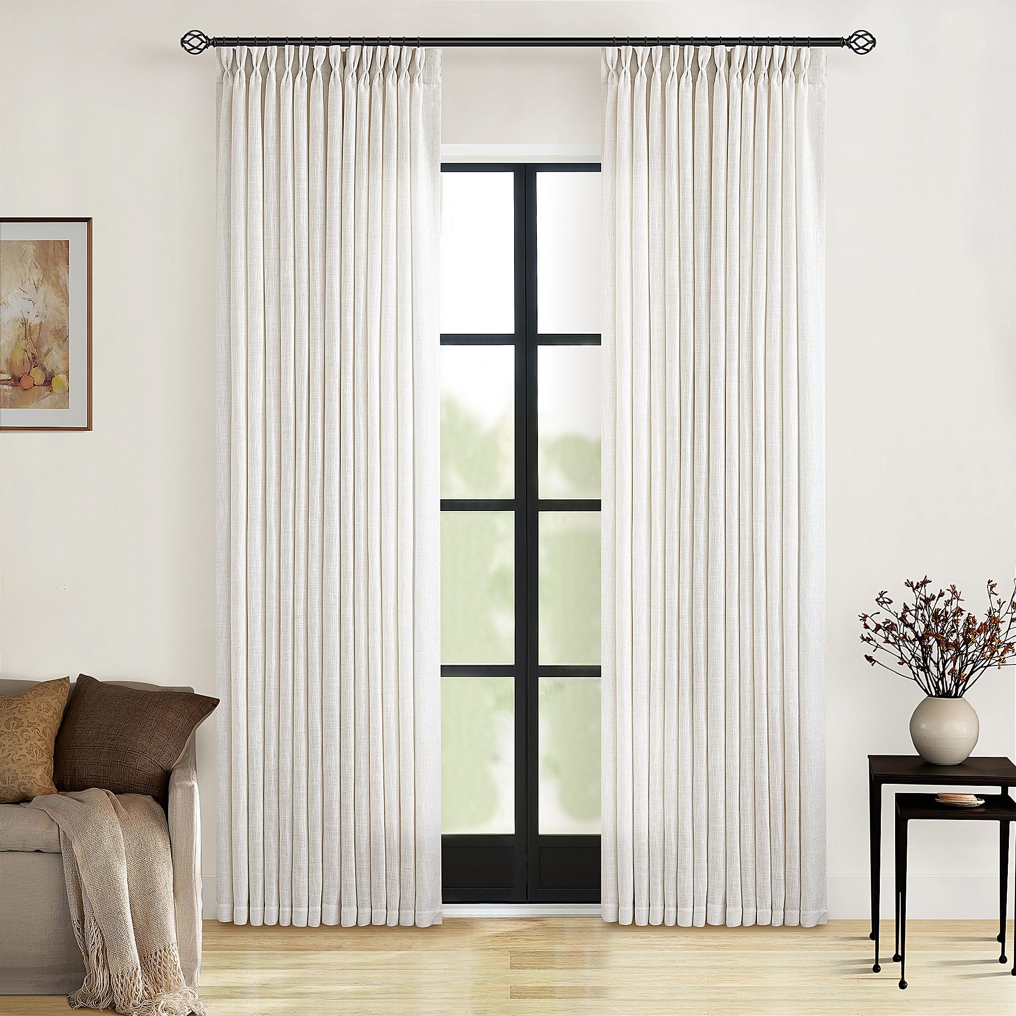 90 Inch Pinch Pleated Linen Curtains 2 Panel Set for Living Room Cream Natural Thick Linen Textured Drapes 90 Inches Long Pinch Pleat Drapes Birch Ivory Semi Sheer Curtain for Dining Bedroom Office