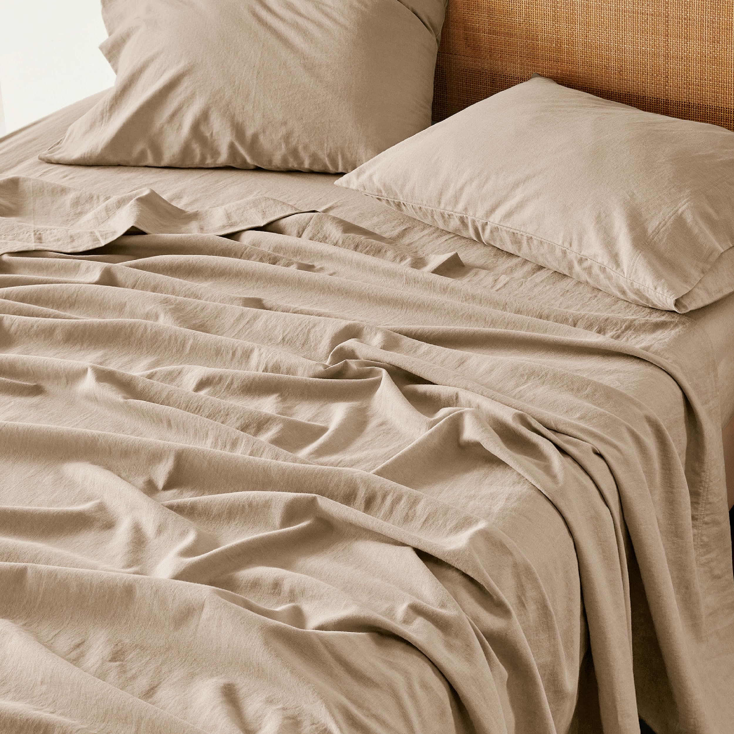 Bedsure Queen Bed Sheets - Cotton Linen Sheet Set, PureWoven Soft, Breathable & Anti - Pilling, Deep Pocket Queen Fitted Bedsheets Up to 16 Inches, 4 Pieces, Linen