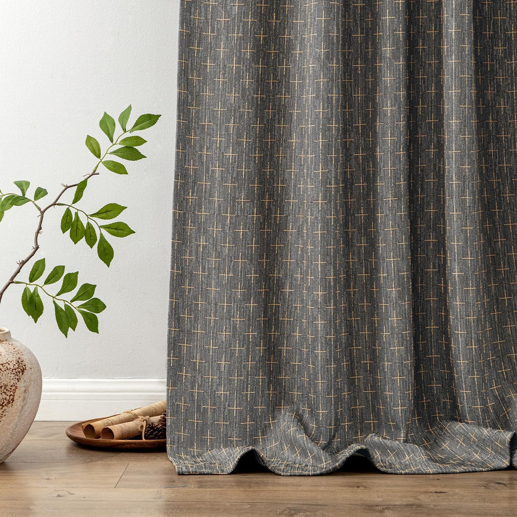 MIULEE Decorative Back Tab Linen Curtains with Geometric Pattern for Living Room Bedroom Farmhouse Rustic Thick Woven Textured Patterned Floor to Ceiling Drapes 102 Inch Long 2 Panels, Dark Grey