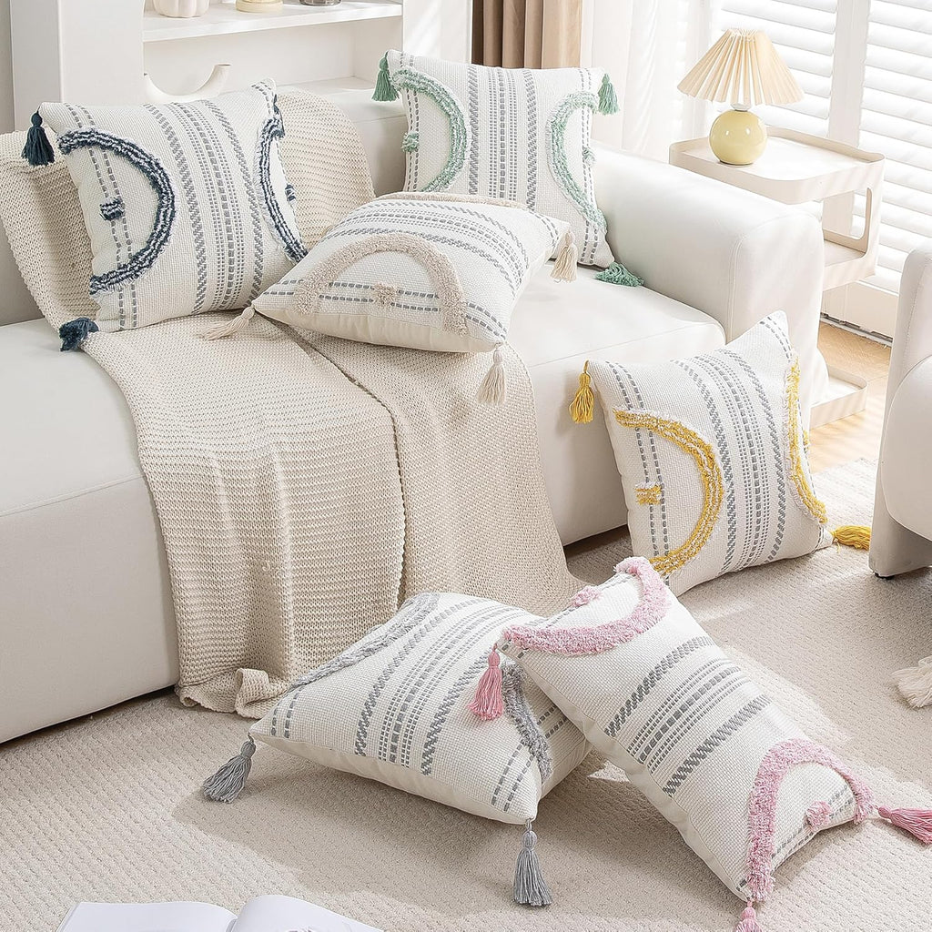2-Pack 18×18" Beige Boho Tufted Pillow Covers with Tassels, Woven Cotton Decor Cases for Sofa & Bed