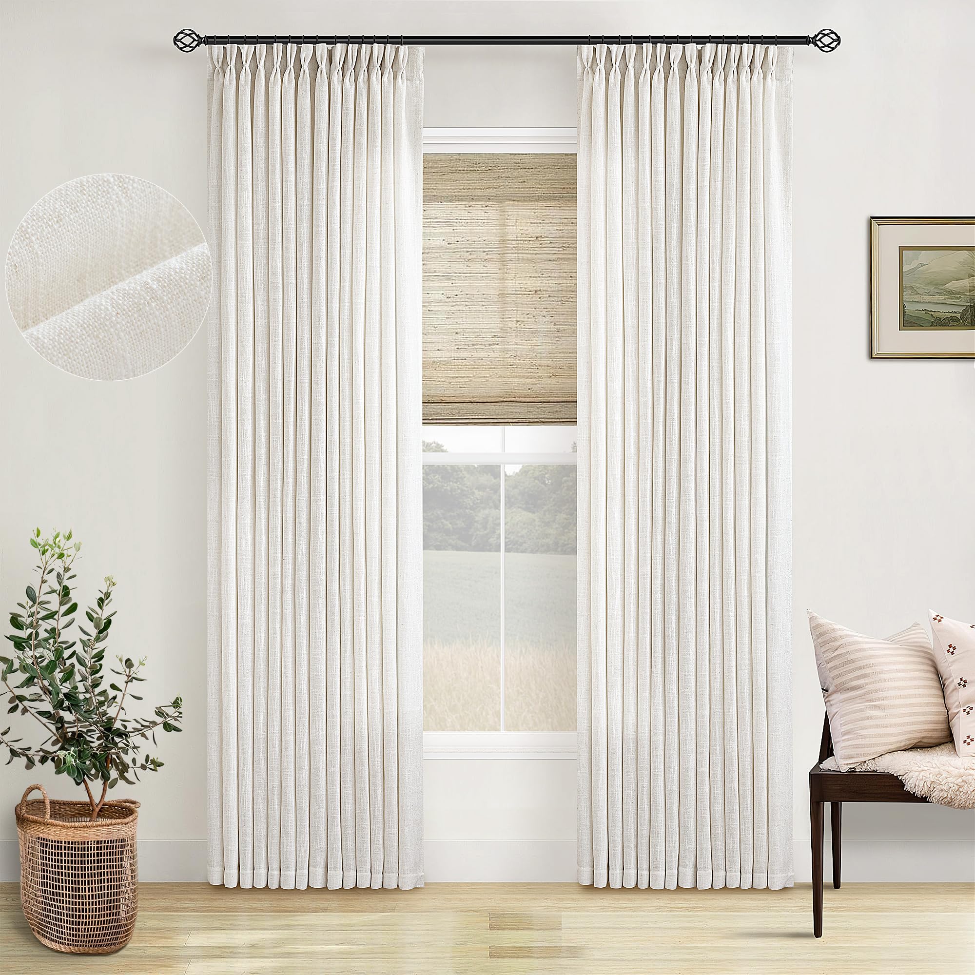 90 Inch Pinch Pleated Linen Curtains 2 Panel Set for Living Room Cream Natural Thick Linen Textured Drapes 90 Inches Long Pinch Pleat Drapes Birch Ivory Semi Sheer Curtain for Dining Bedroom Office