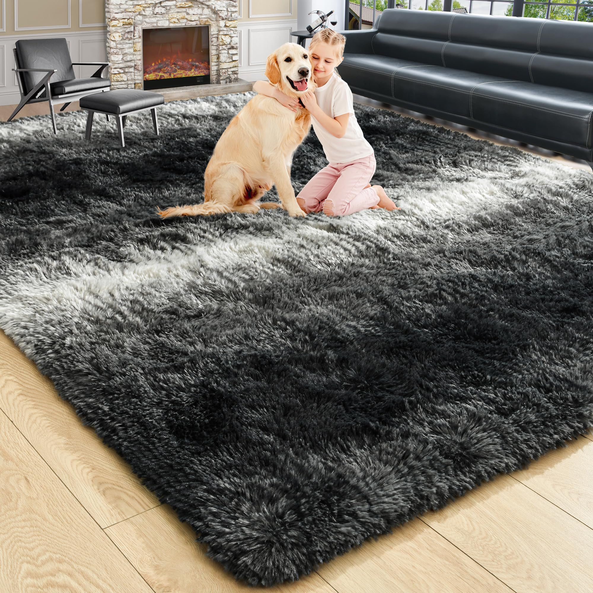 8x10 Extra Large Green Area Rug for Living Room Bedroom Dining Room, Fluffy Shag Soft Plush Furry Carpet Solid Color, Non-Slip Indoor Floor Mat for Kids Home Decor