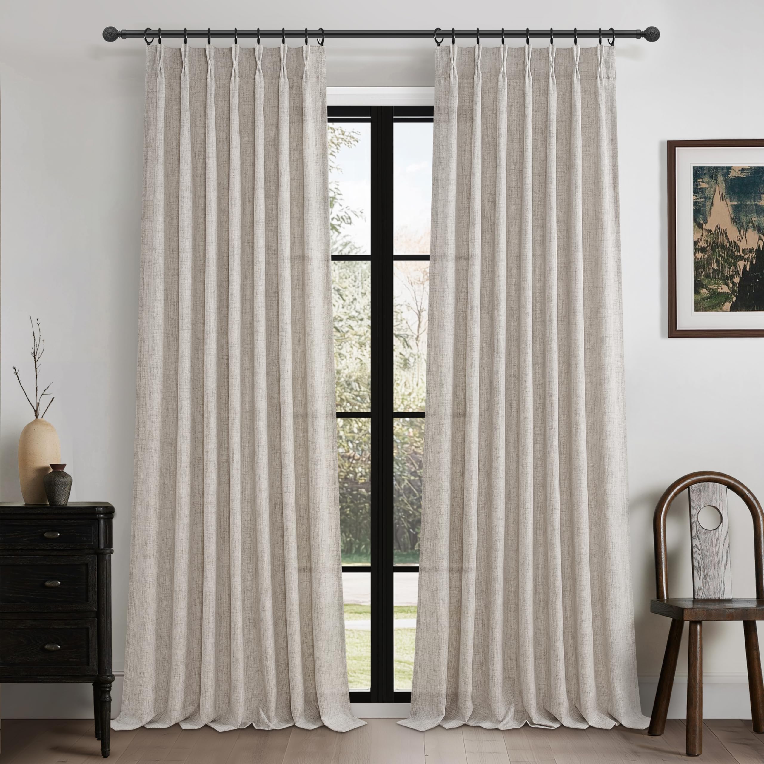 PleatedDrapes 96 Inch Curtains 2 Panel Set, Modern Linen Pleat Back Tab Dining Room Window Curtains Light Filtering Aesthetic Semi Sheer Living Room Drapes with Hooks Ring Cream Oatmeal W40 x L96