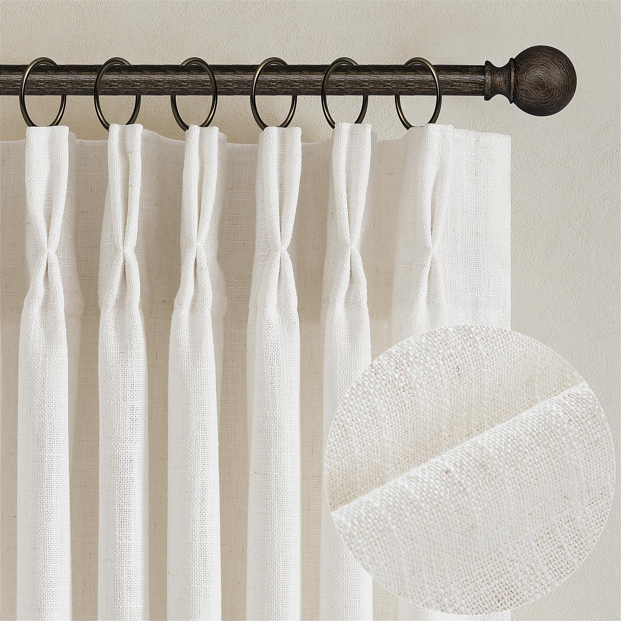 90 Inch Pinch Pleated Linen Curtains 2 Panel Set for Living Room Cream Natural Thick Linen Textured Drapes 90 Inches Long Pinch Pleat Drapes Birch Ivory Semi Sheer Curtain for Dining Bedroom Office
