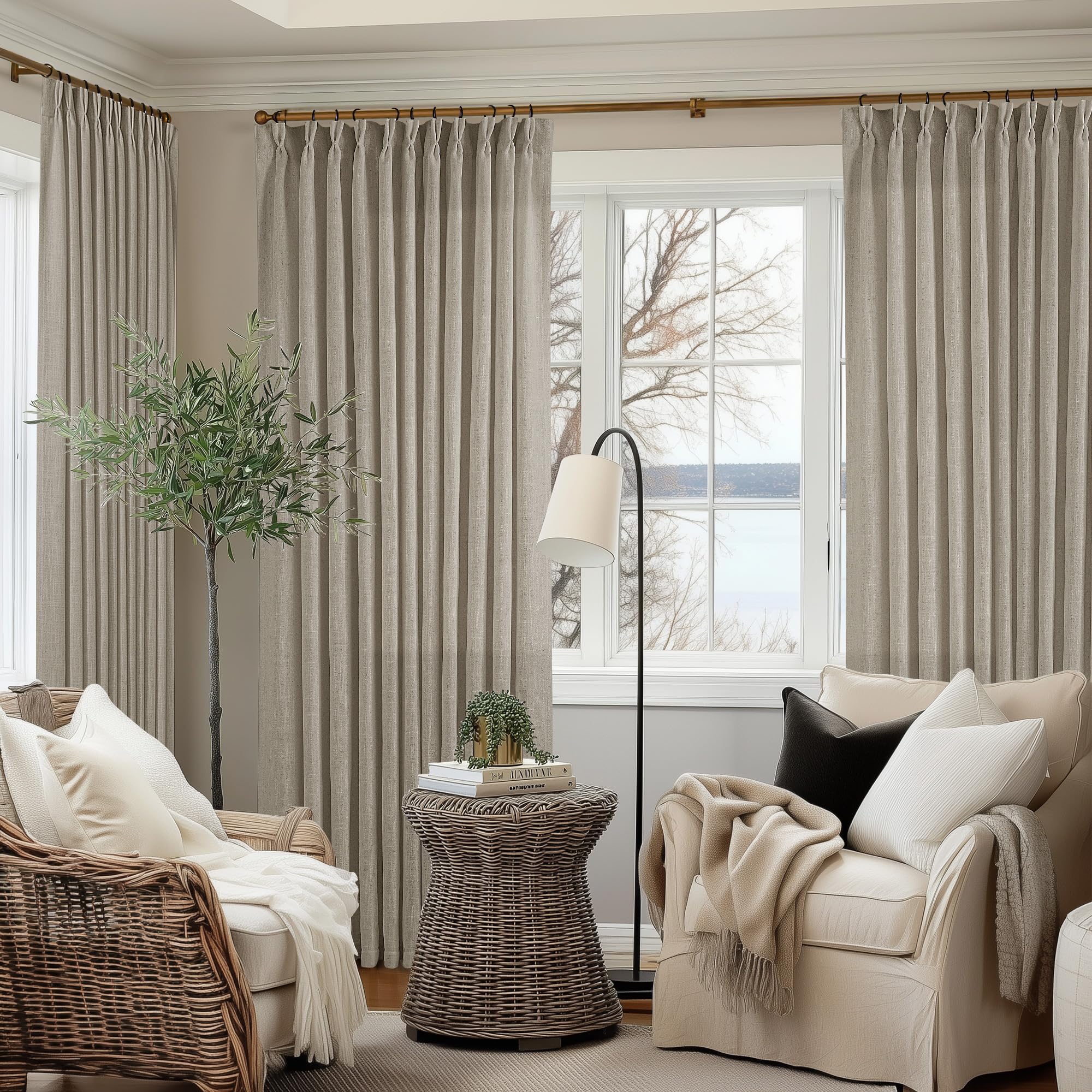 90 Inch Pinch Pleated Linen Curtains 2 Panel Set for Living Room Cream Natural Thick Linen Textured Drapes 90 Inches Long Pinch Pleat Drapes Birch Ivory Semi Sheer Curtain for Dining Bedroom Office