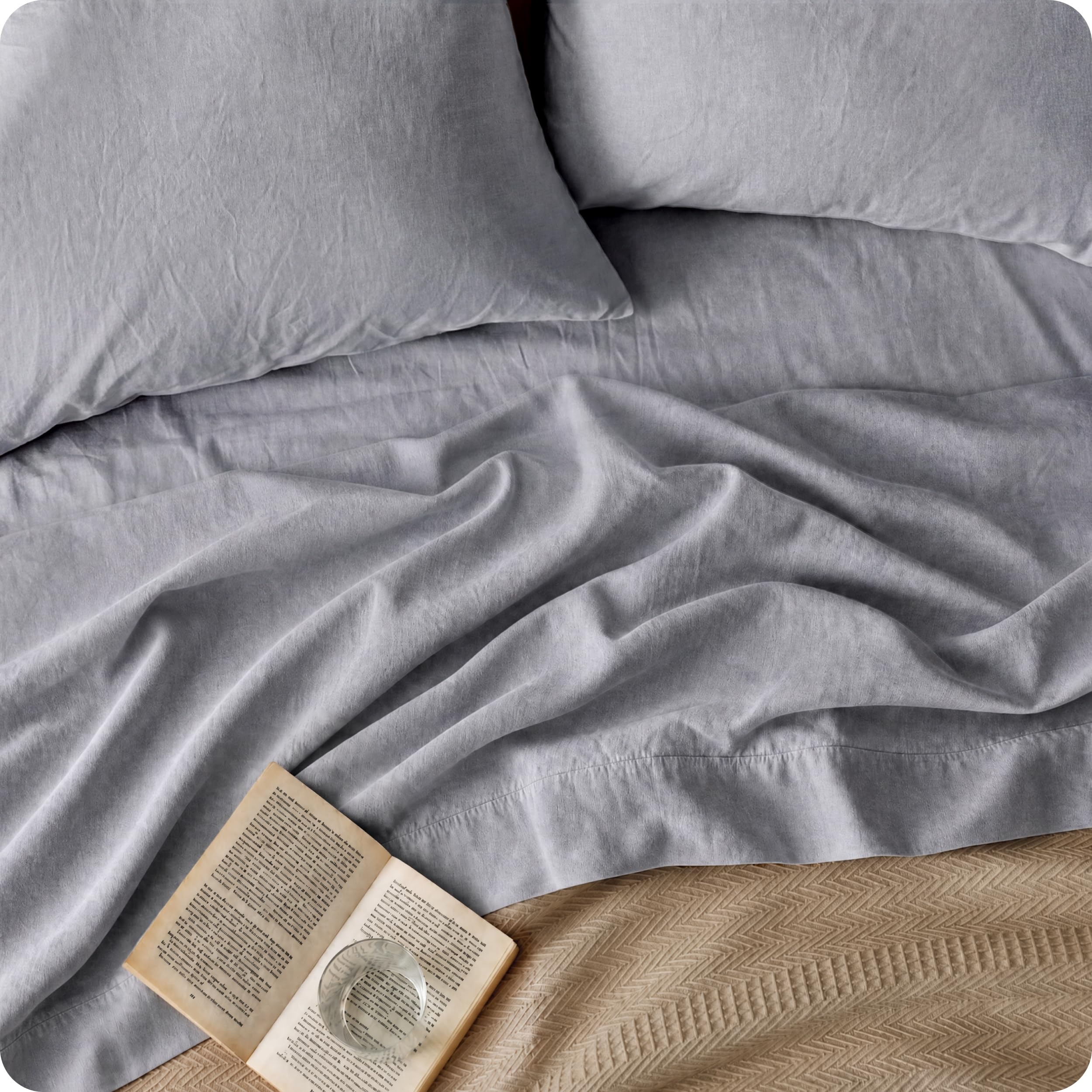 Bedsure Queen Bed Sheets - Cotton Linen Sheet Set, PureWoven Soft, Breathable & Anti - Pilling, Deep Pocket Queen Fitted Bedsheets Up to 16 Inches, 4 Pieces, Linen