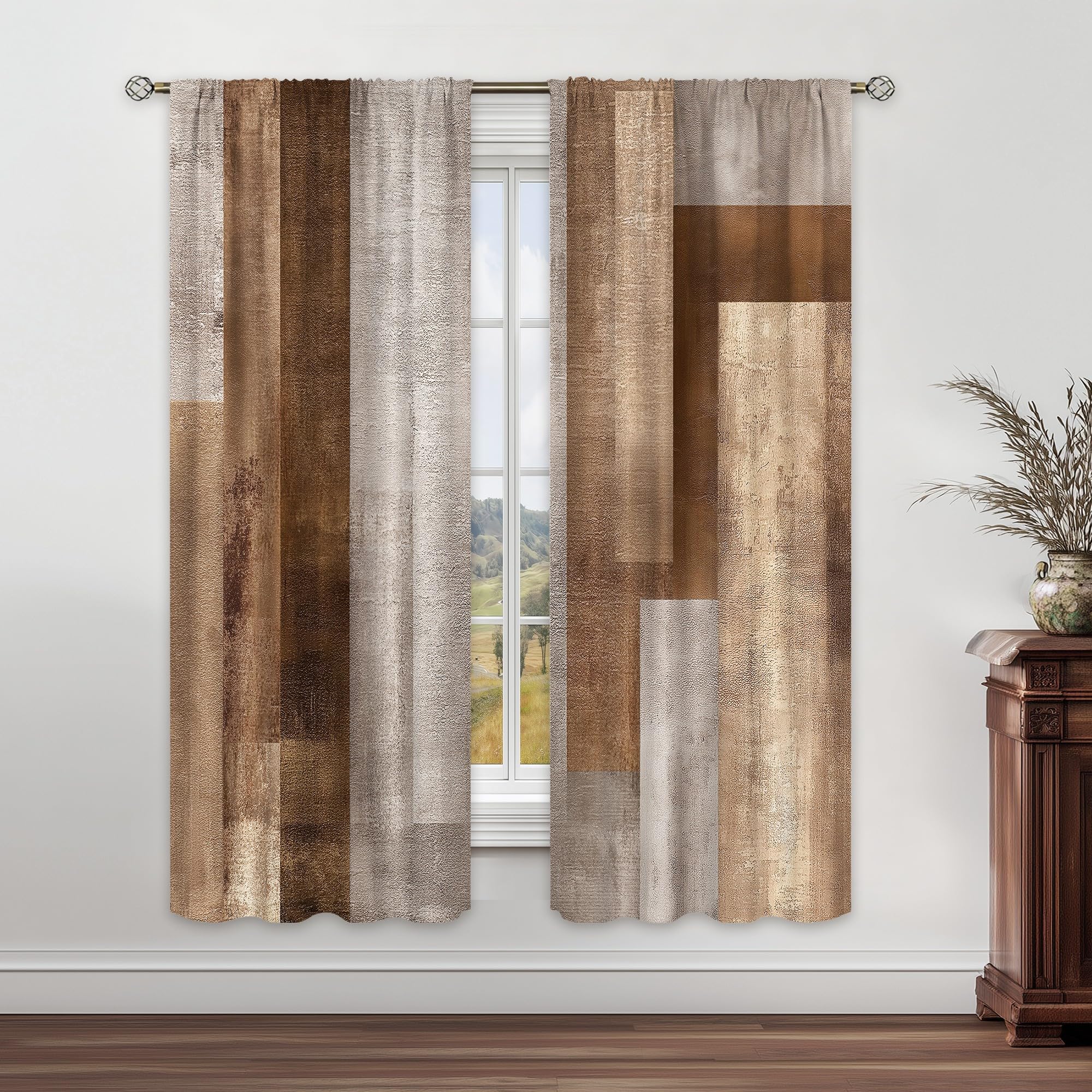 Abstract Brown Grey Curtains 52Wx84H Inch Rod Pocket Rustic Vintage Geometric Blocks Farmhouse Modern Minimalist Art Printed Simple Living Room Bedroom Window Drapes Treatment 2 Panels