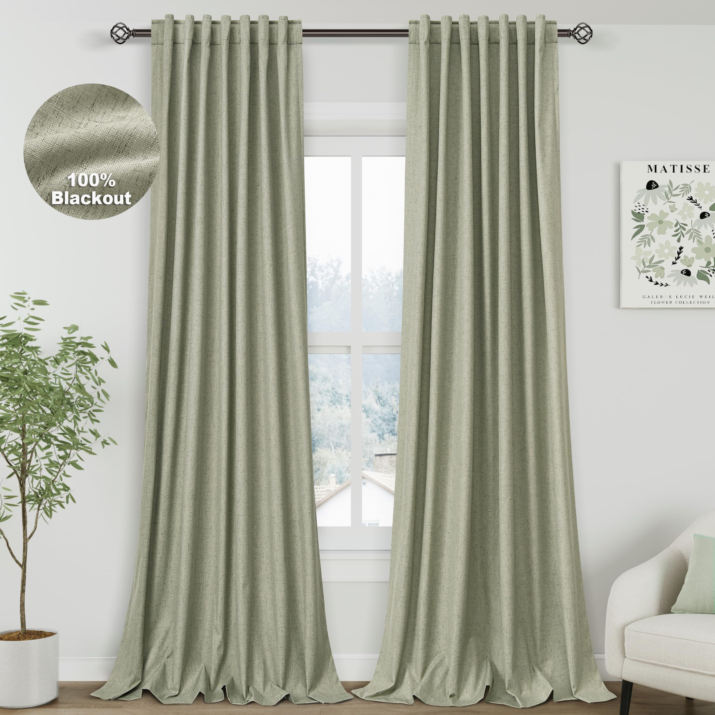 Nanspring Light Grey 100% Blackout Linen Curtains for Bedroom 90 Inches Long Back Tab Thermal Insulated Modern Luxury Simple Black Out Curtain for Living Room Dining Room Drapes 52x90, 2 Panels