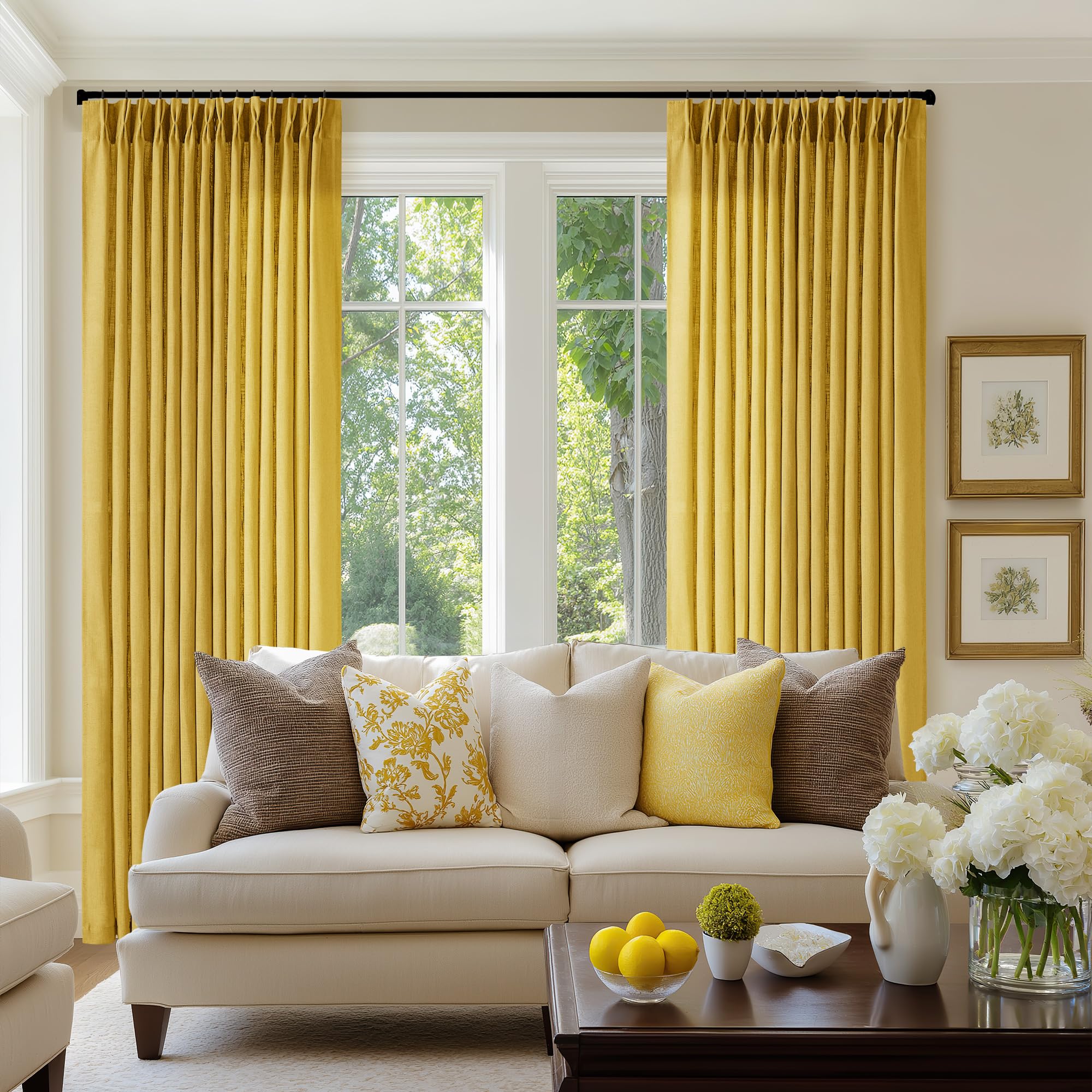 90 Inch Pinch Pleated Linen Curtains 2 Panel Set for Living Room Cream Natural Thick Linen Textured Drapes 90 Inches Long Pinch Pleat Drapes Birch Ivory Semi Sheer Curtain for Dining Bedroom Office