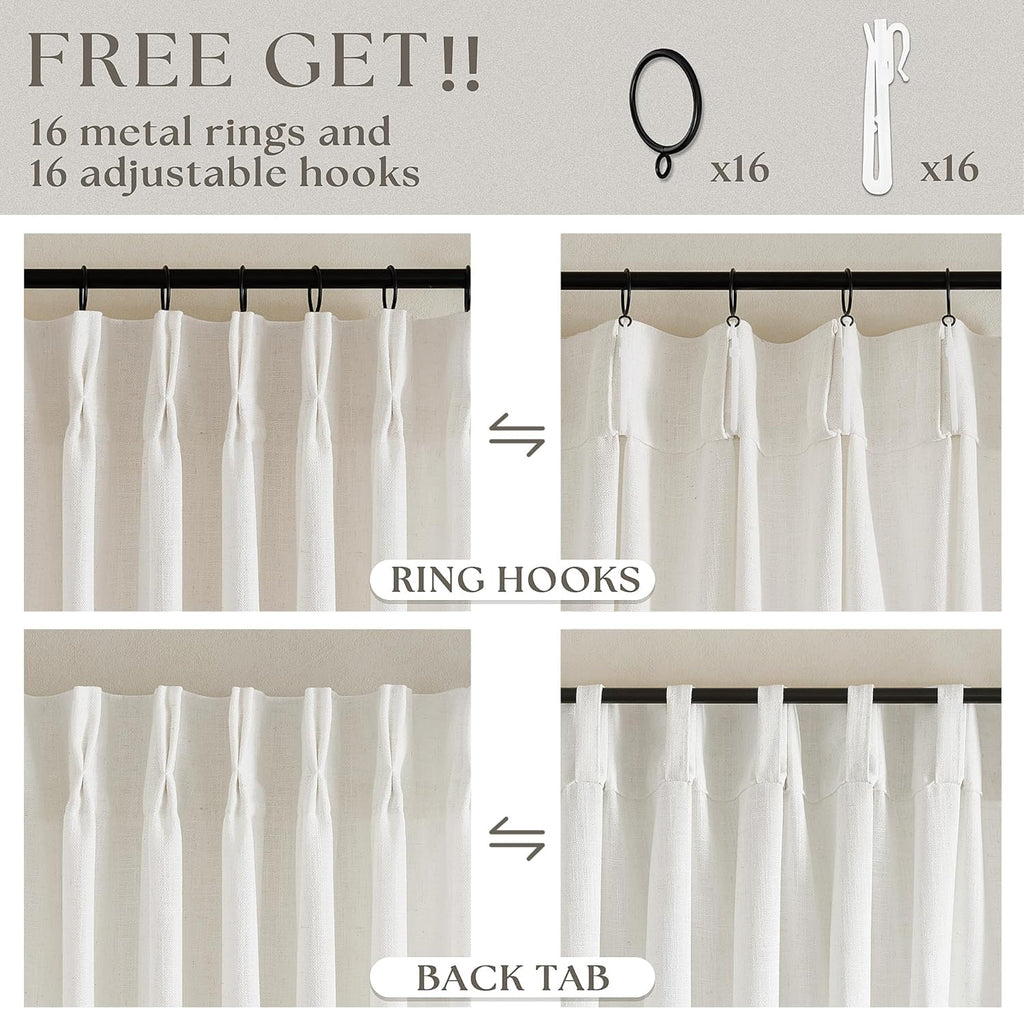 90 Inch Pinch Pleated Linen Curtains 2 Panel Set for Living Room Cream Natural Thick Linen Textured Drapes 90 Inches Long Pinch Pleat Drapes Birch Ivory Semi Sheer Curtain for Dining Bedroom Office