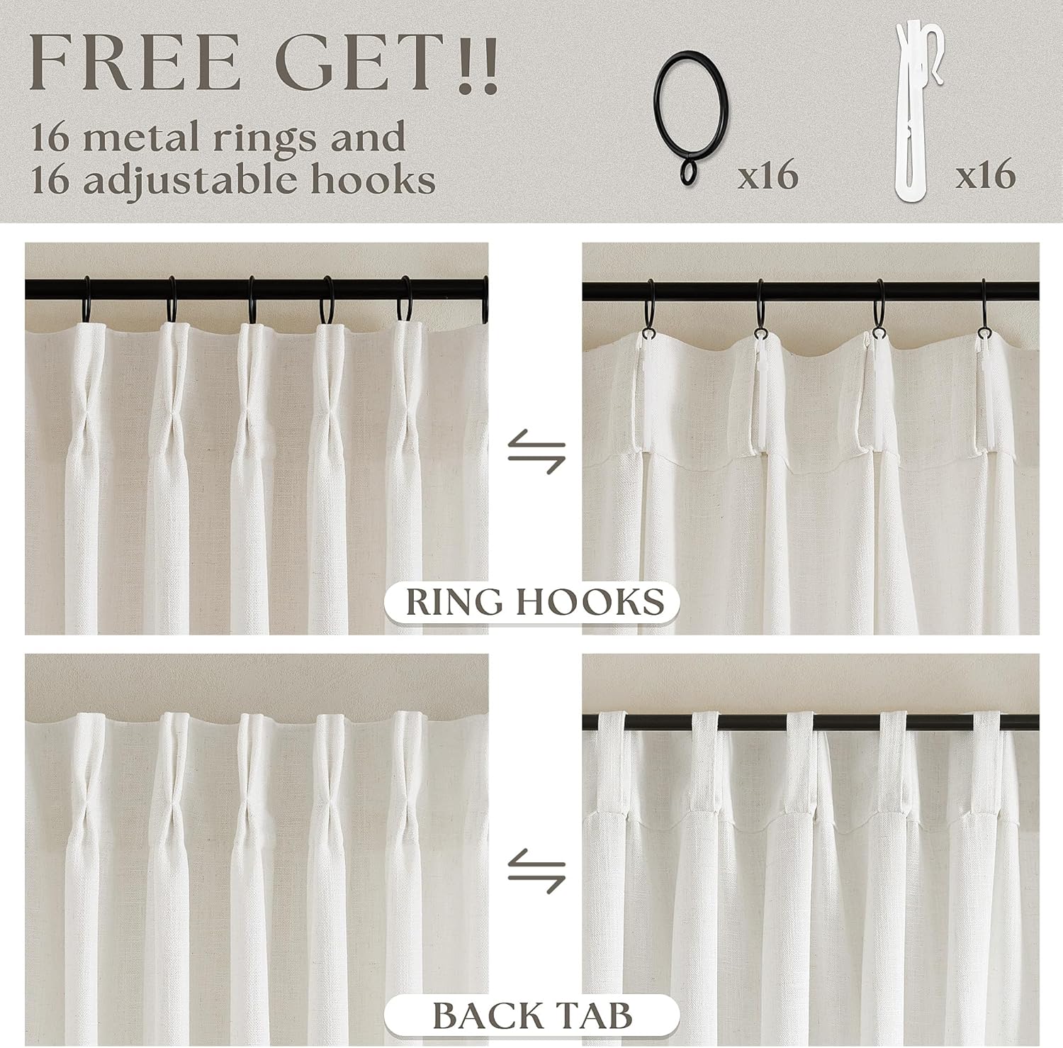 90 Inch Pinch Pleated Linen Curtains 2 Panel Set for Living Room Cream Natural Thick Linen Textured Drapes 90 Inches Long Pinch Pleat Drapes Birch Ivory Semi Sheer Curtain for Dining Bedroom Office
