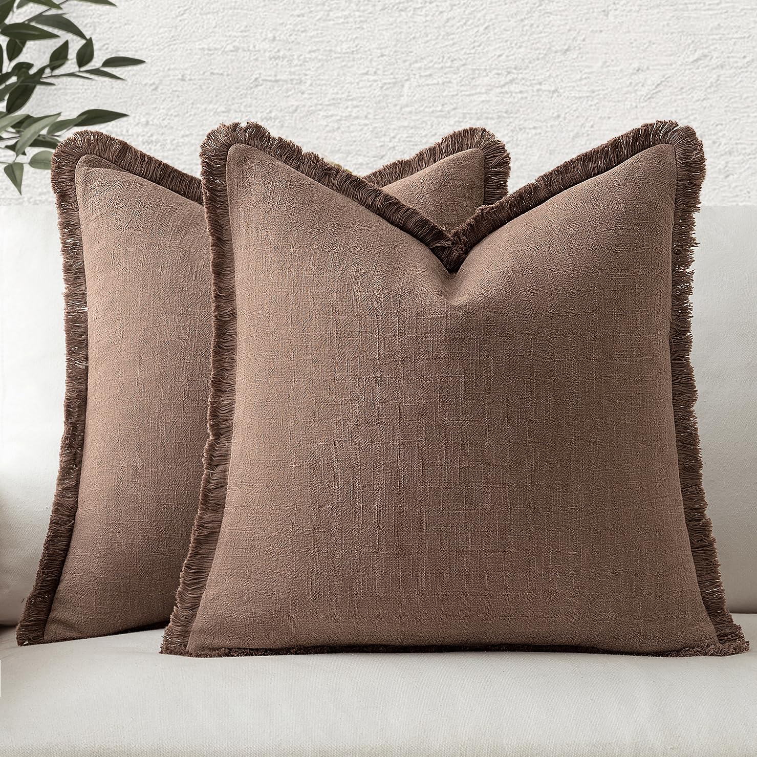 MIULEE Decorative Throw Pillow Covers Neutral Linen Fringe Throw Pillows Set of 2 Natural Linen Boho Farmhouse Cushion Covers with Tassels for Couch Sofa Bed Spring Home Decor 28x28 Inch