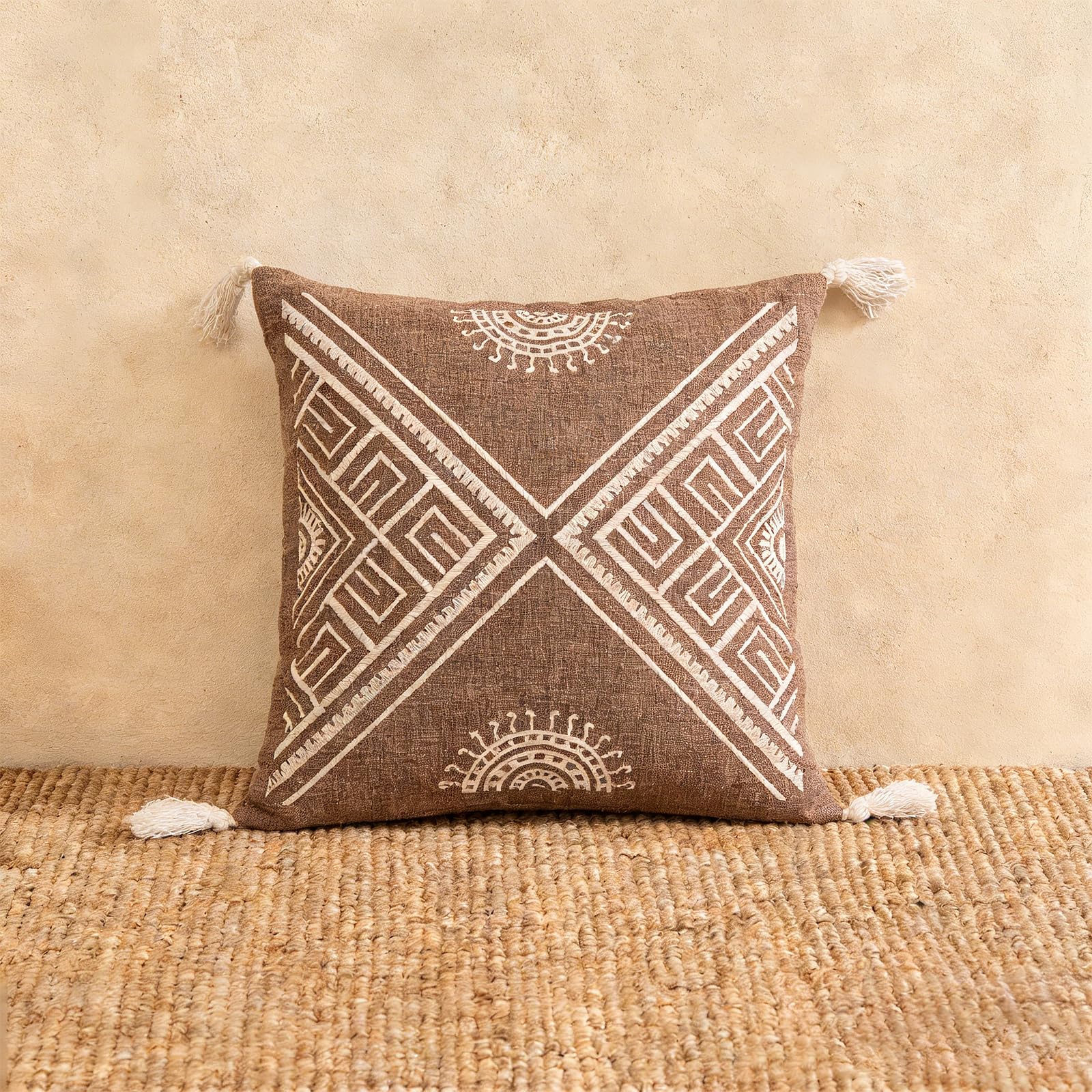 Embroidered Decorative Throw Pillow Cushion, Boho Design with Tassels for Home Accent Decor, Pillow Case Cover with Ultra Soft Insert for Sofa Couch Bed,18x18 Inch (Brown, 18×18 Inch)