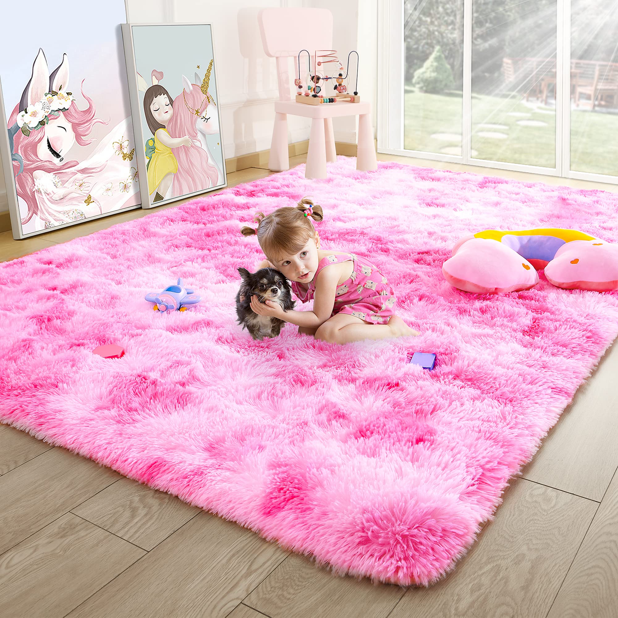 8x10 Extra Large Green Area Rug for Living Room Bedroom Dining Room, Fluffy Shag Soft Plush Furry Carpet Solid Color, Non-Slip Indoor Floor Mat for Kids Home Decor