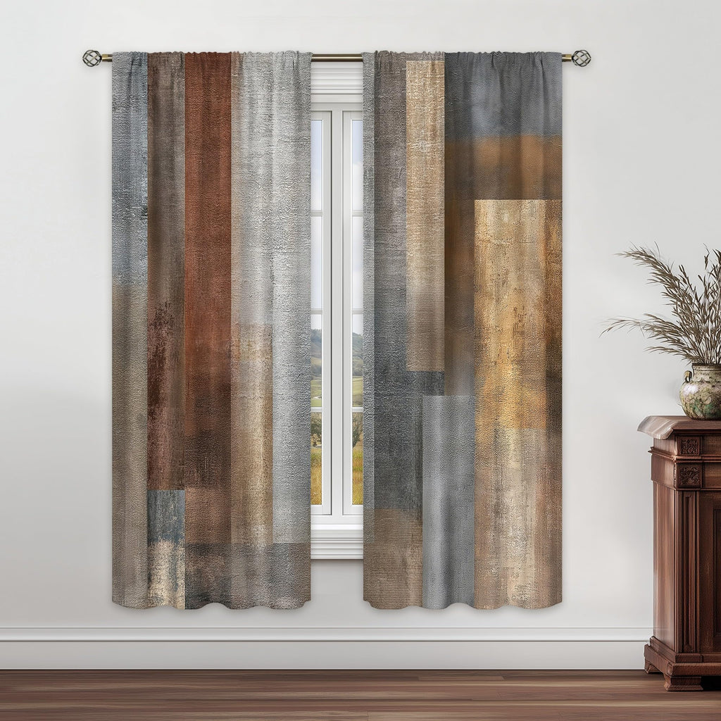 Abstract Brown Grey Curtains 52Wx84H Inch Rod Pocket Rustic Vintage Geometric Blocks Farmhouse Modern Minimalist Art Printed Simple Living Room Bedroom Window Drapes Treatment 2 Panels