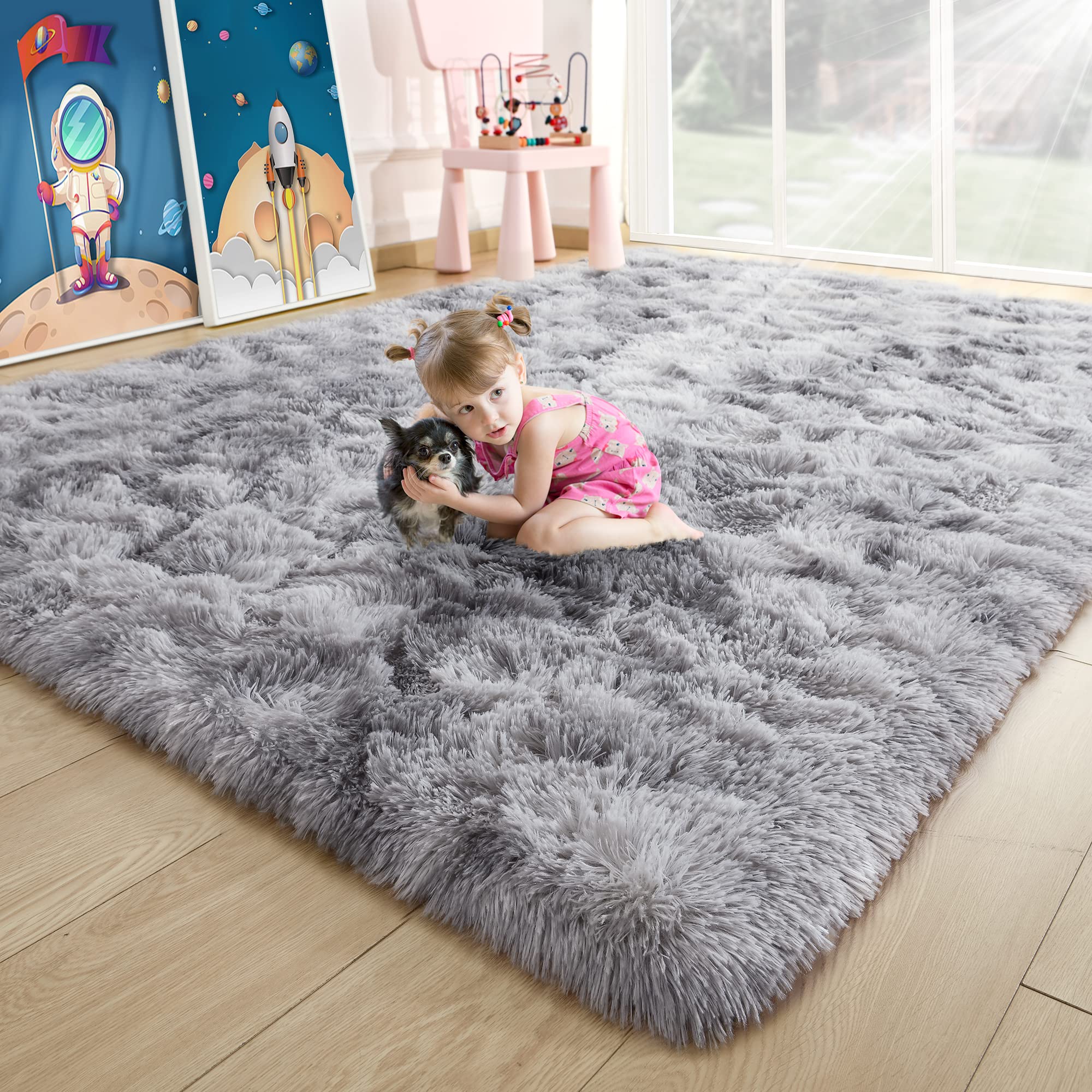 8x10 Extra Large Green Area Rug for Living Room Bedroom Dining Room, Fluffy Shag Soft Plush Furry Carpet Solid Color, Non-Slip Indoor Floor Mat for Kids Home Decor