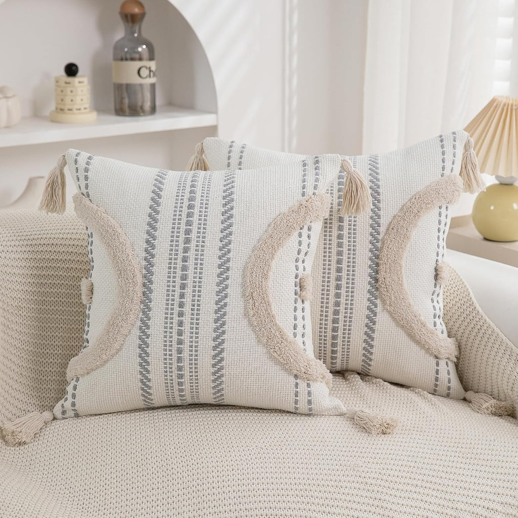 2-Pack 18×18" Beige Boho Tufted Pillow Covers with Tassels, Woven Cotton Decor Cases for Sofa & Bed
