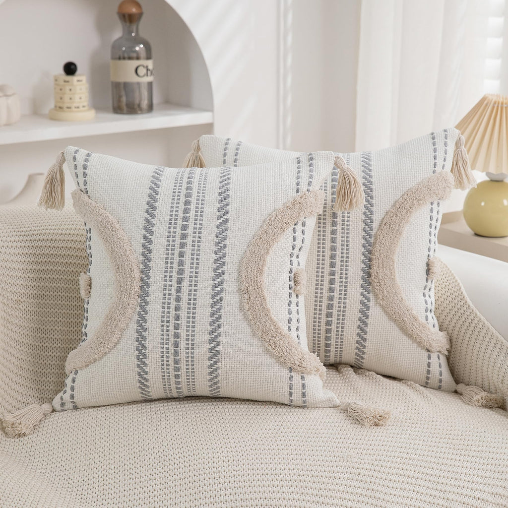 2-Pack 18×18" Beige Boho Tufted Pillow Covers with Tassels, Woven Cotton Decor Cases for Sofa & Bed