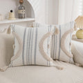 2-Pack 18×18" Beige Boho Tufted Pillow Covers with Tassels, Woven Cotton Decor Cases for Sofa & Bed