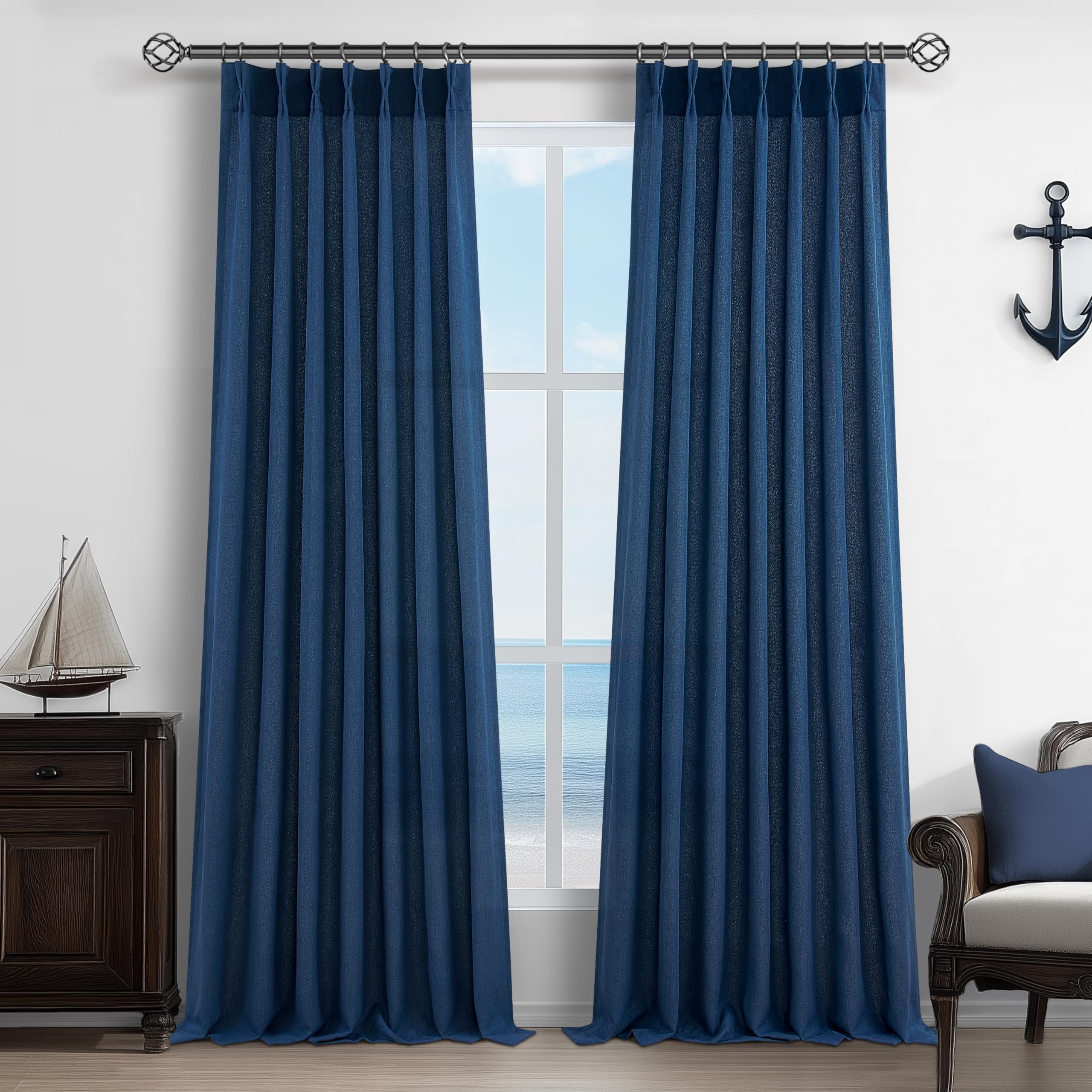 PleatedDrapes 96 Inch Curtains 2 Panel Set, Modern Linen Pleat Back Tab Dining Room Window Curtains Light Filtering Aesthetic Semi Sheer Living Room Drapes with Hooks Ring Cream Oatmeal W40 x L96