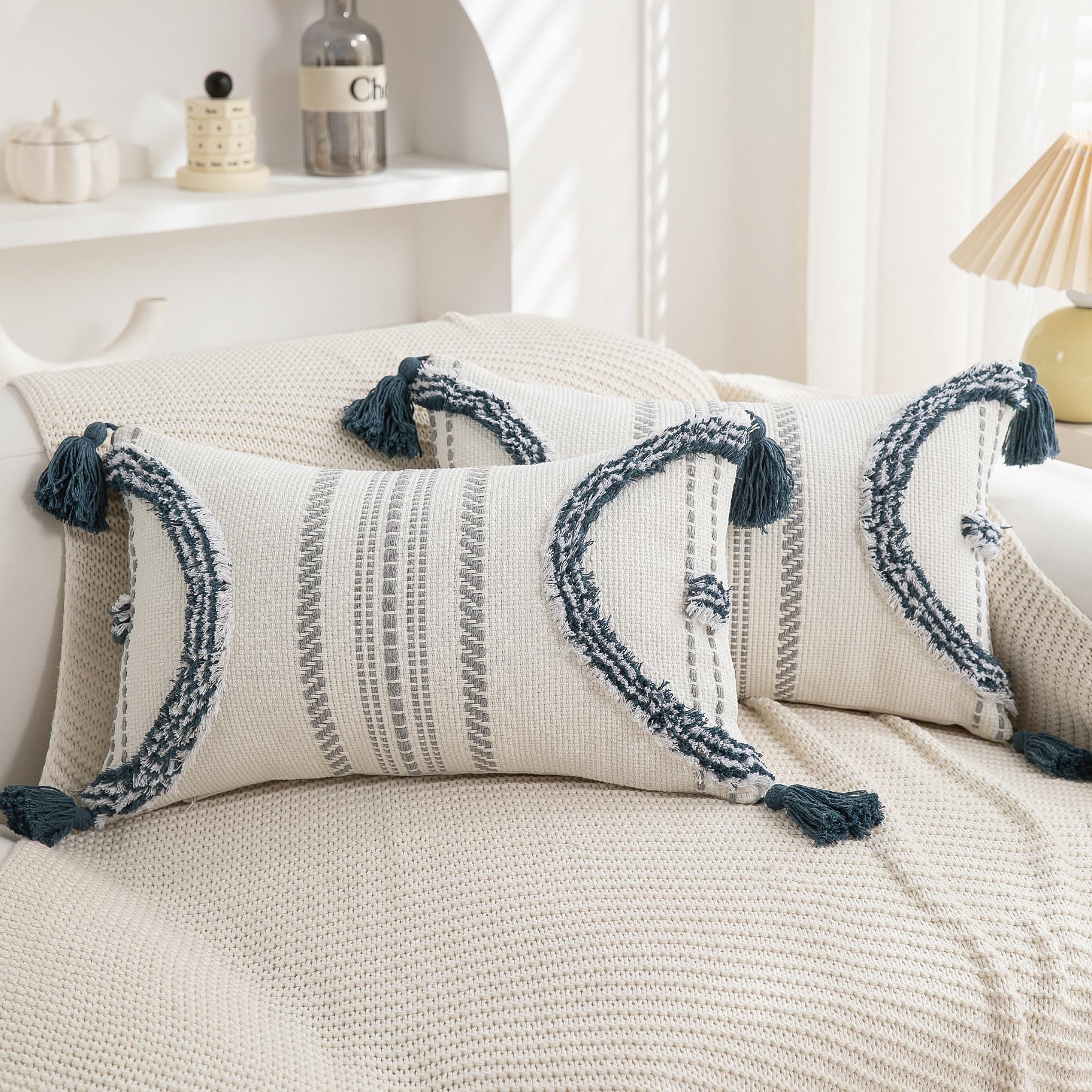 2-Pack 18×18" Beige Boho Tufted Pillow Covers with Tassels, Woven Cotton Decor Cases for Sofa & Bed