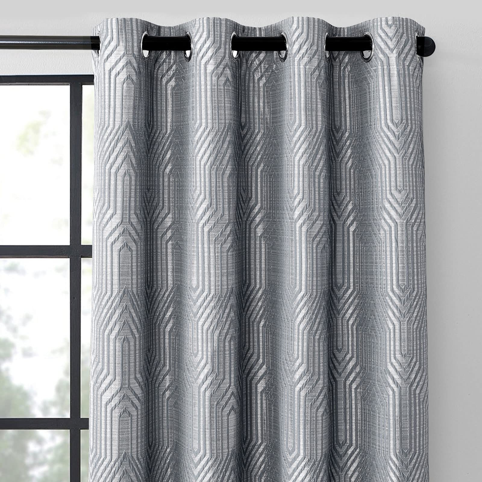 Beige and Silvery 100% Blackout Jacquard Geometric Pattern Curtains,52 Inch Wide 84 Inches Long 2 Panels, Thermal Insulated Noise Reducing Anti-Rust Grommet Drapes for Bedroom Living Room, Cream