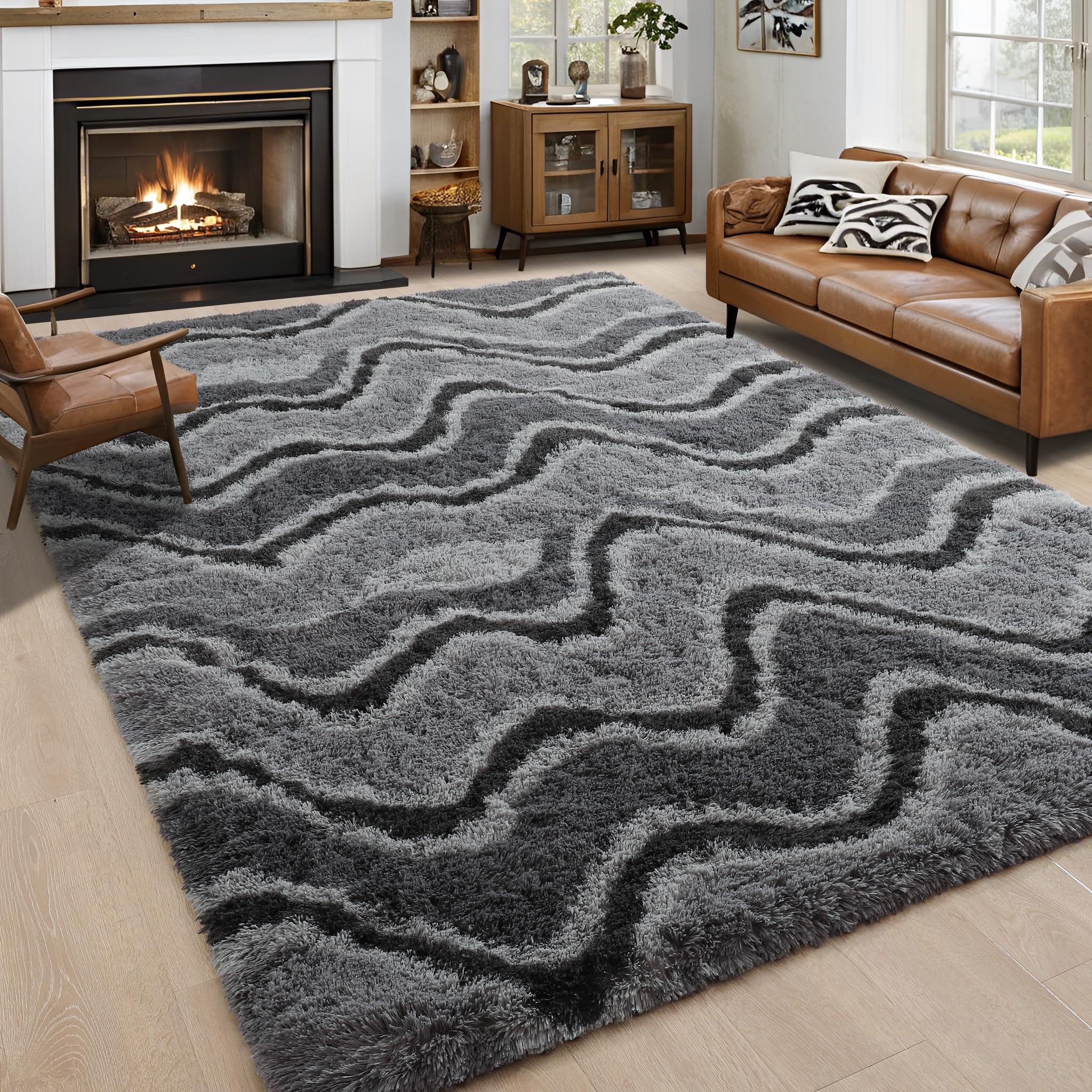 8x10 Extra Large Green Area Rug for Living Room Bedroom Dining Room, Fluffy Shag Soft Plush Furry Carpet Solid Color, Non-Slip Indoor Floor Mat for Kids Home Decor
