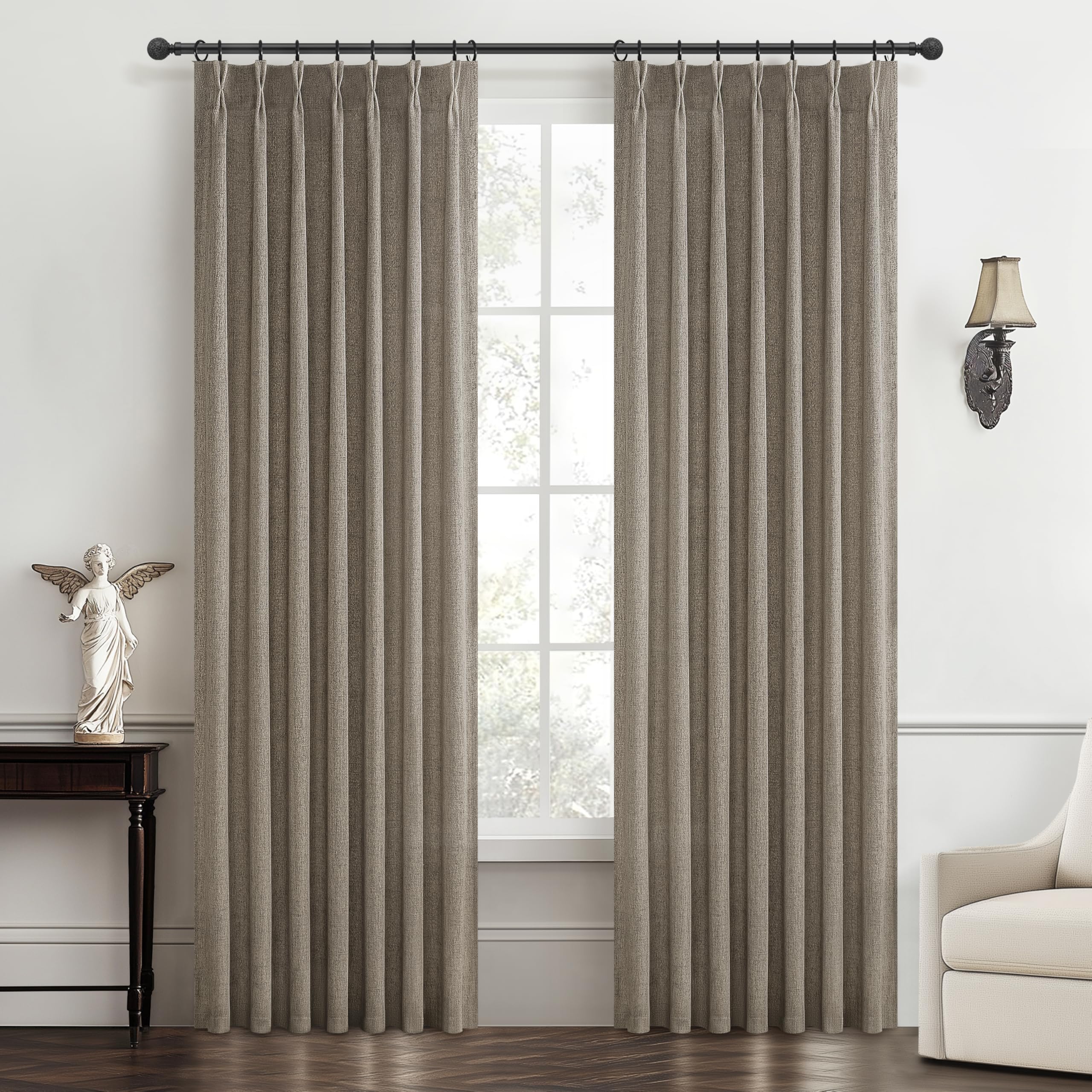 PleatedDrapes 96 Inch Curtains 2 Panel Set, Modern Linen Pleat Back Tab Dining Room Window Curtains Light Filtering Aesthetic Semi Sheer Living Room Drapes with Hooks Ring Cream Oatmeal W40 x L96