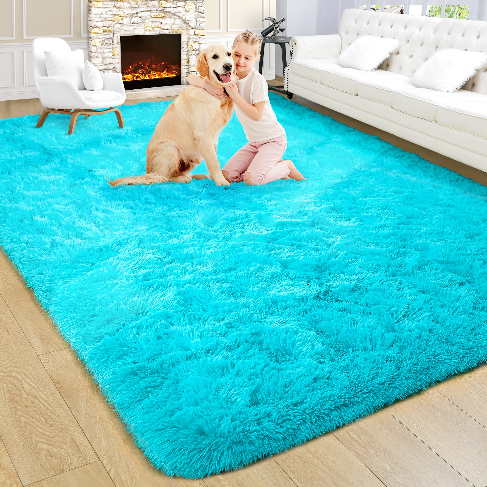 8x10 Extra Large Green Area Rug for Living Room Bedroom Dining Room, Fluffy Shag Soft Plush Furry Carpet Solid Color, Non-Slip Indoor Floor Mat for Kids Home Decor