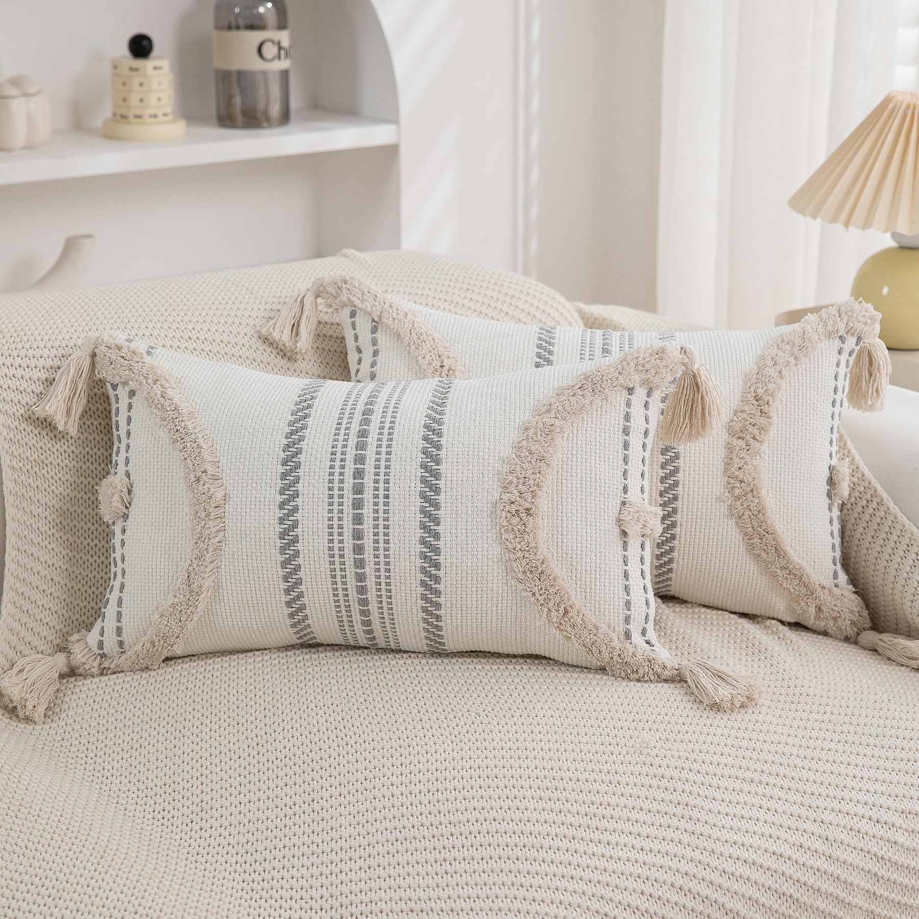 2-Pack 18×18" Beige Boho Tufted Pillow Covers with Tassels, Woven Cotton Decor Cases for Sofa & Bed