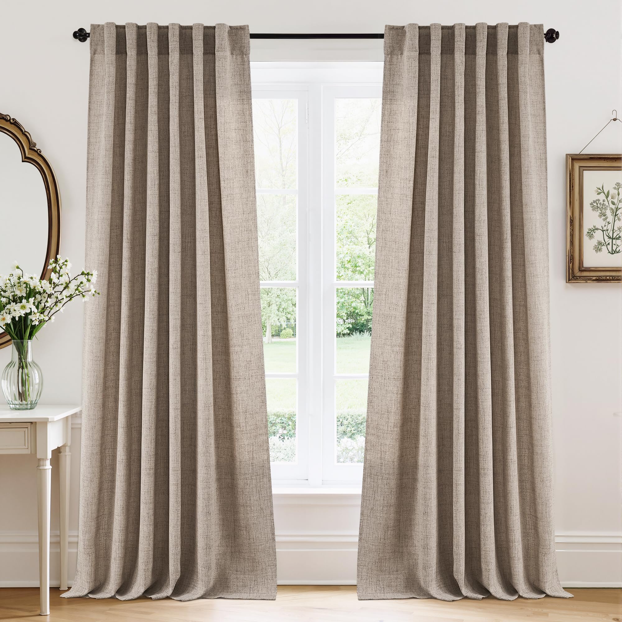 RYB HOME Farmhouse Sheer Curtains 108 inch Length, Semi Sheer Curtain & Drapes Large Window Dressing Lights & Winds Filter for Bedroom Home Office Living Room, Linen, W 70 x L 108 inch Long, 1 Pair