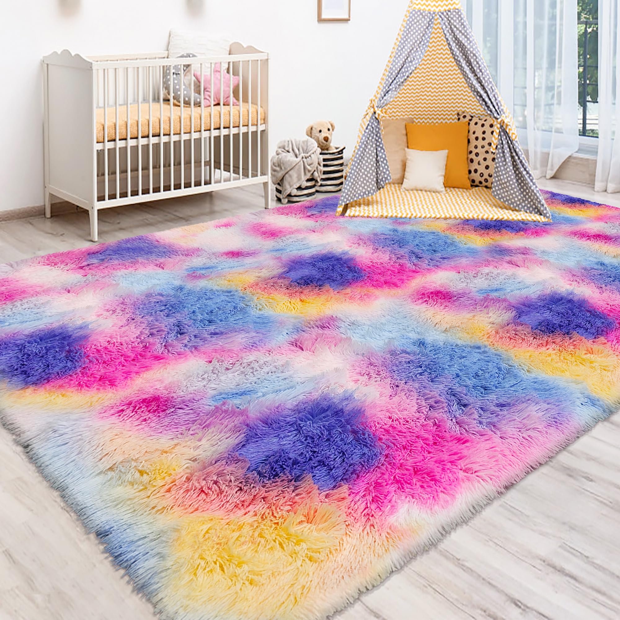 5x8 Ft Light Grey Large Area Rugs for Bedroom,Fluffy Furry Rug Floor Carpets Shaggy Playing Mat for Kids Baby Girls Room Nursery Home Decor Tie Dyed Gray Thick Rugs Fuzzy Home Decor