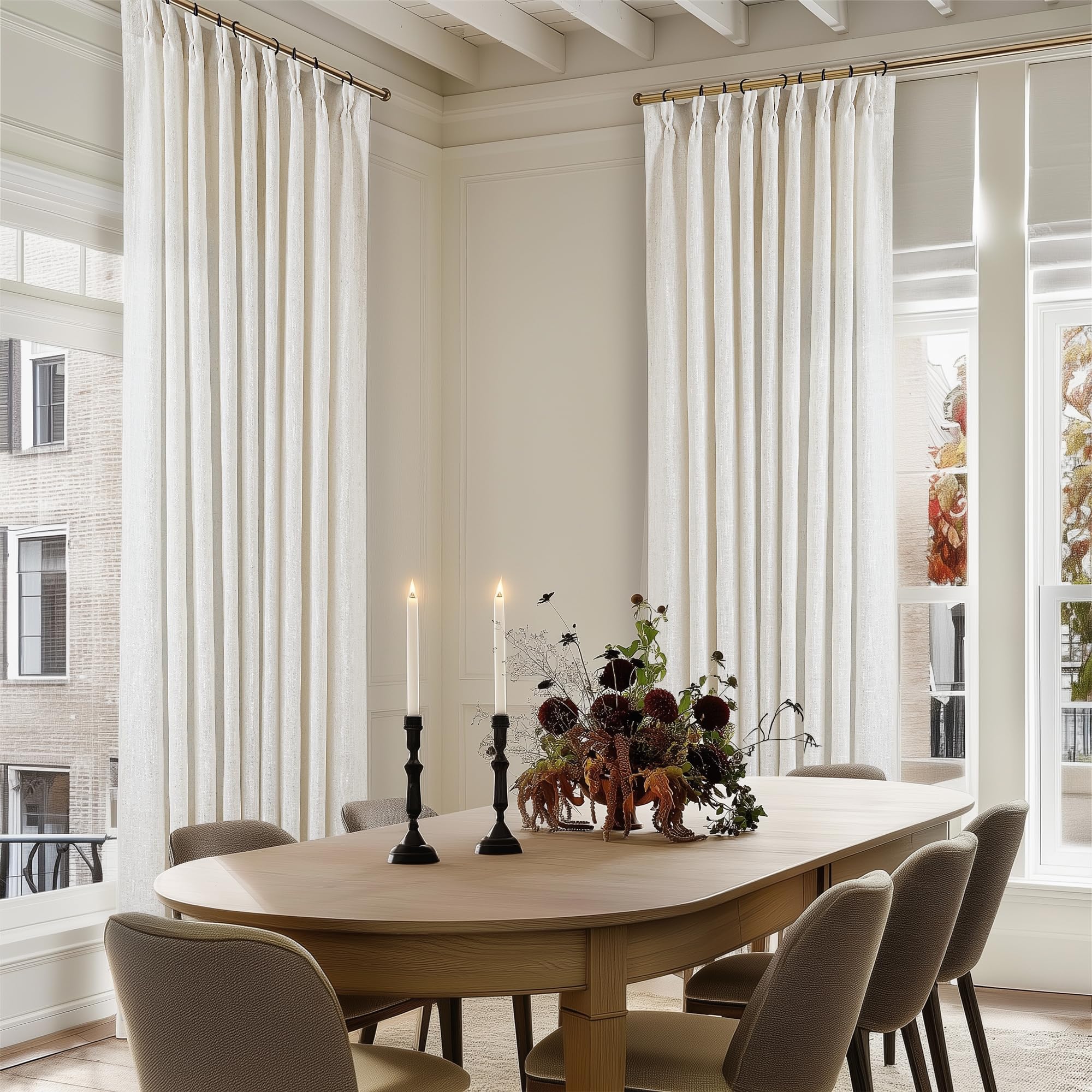 90 Inch Pinch Pleated Linen Curtains 2 Panel Set for Living Room Cream Natural Thick Linen Textured Drapes 90 Inches Long Pinch Pleat Drapes Birch Ivory Semi Sheer Curtain for Dining Bedroom Office