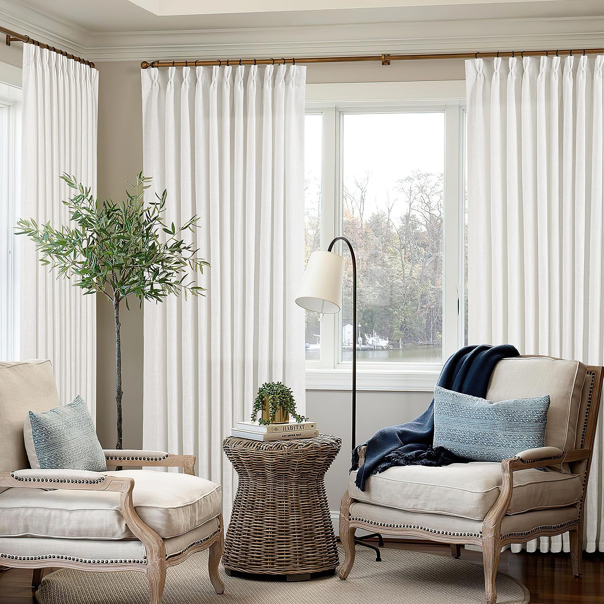 90 Inch Pinch Pleated Linen Curtains 2 Panel Set for Living Room Cream Natural Thick Linen Textured Drapes 90 Inches Long Pinch Pleat Drapes Birch Ivory Semi Sheer Curtain for Dining Bedroom Office