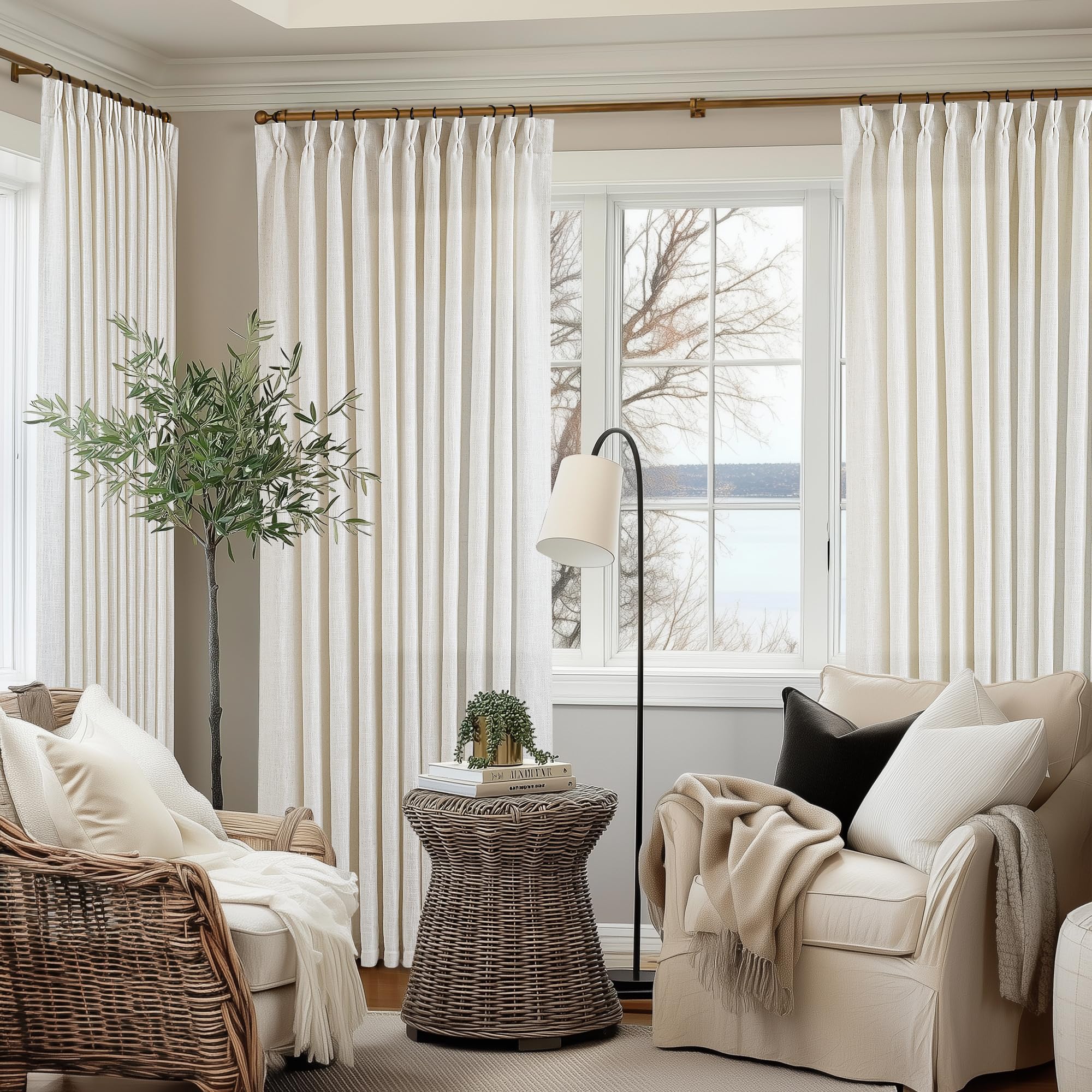 90 Inch Pinch Pleated Linen Curtains 2 Panel Set for Living Room Cream Natural Thick Linen Textured Drapes 90 Inches Long Pinch Pleat Drapes Birch Ivory Semi Sheer Curtain for Dining Bedroom Office