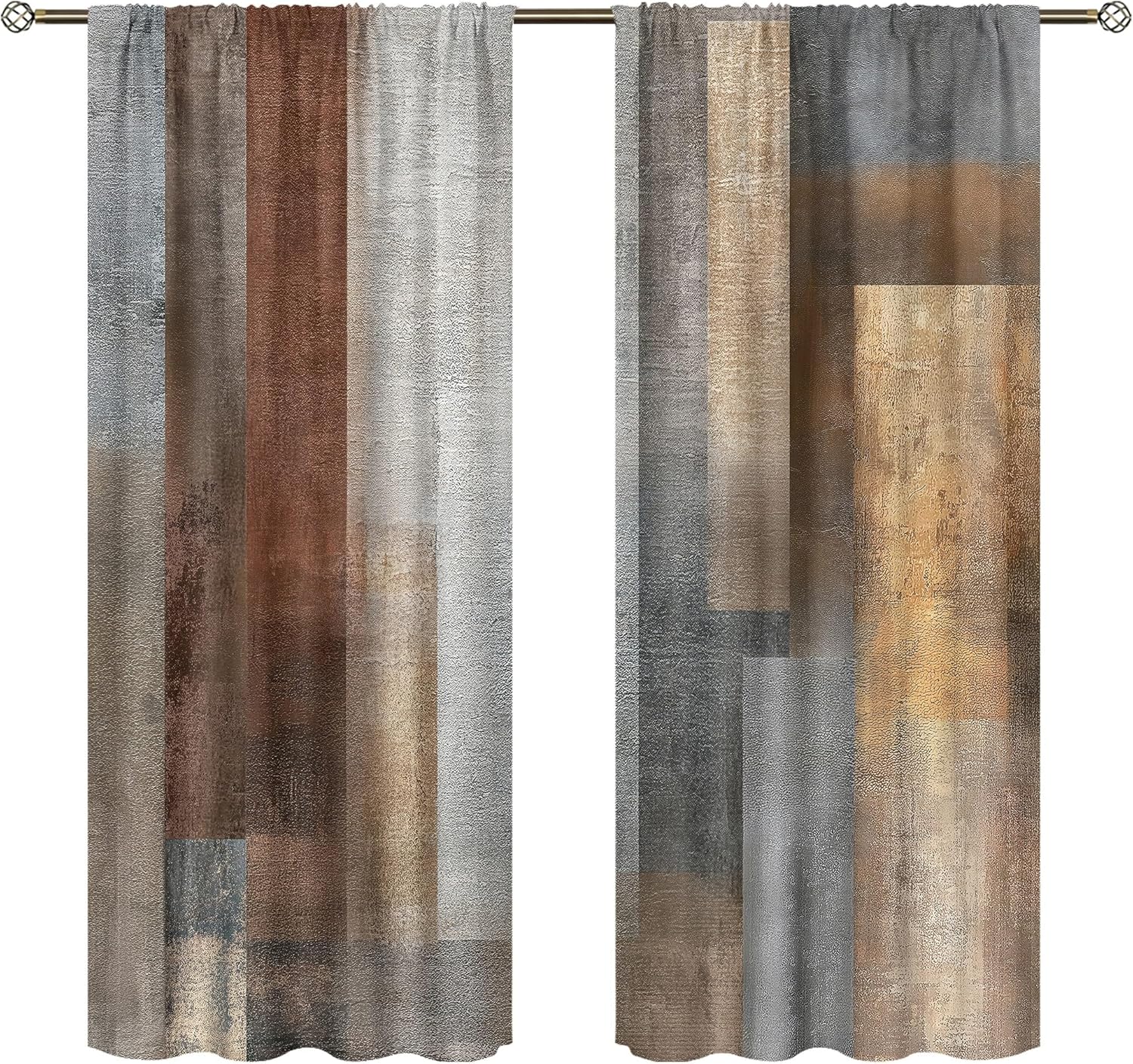 Abstract Brown Grey Curtains 52Wx84H Inch Rod Pocket Rustic Vintage Geometric Blocks Farmhouse Modern Minimalist Art Printed Simple Living Room Bedroom Window Drapes Treatment 2 Panels