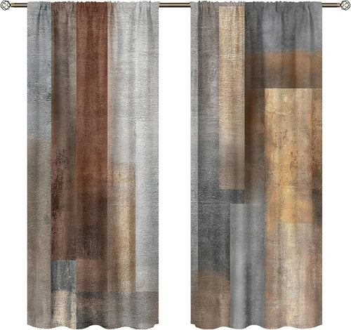 Abstract Brown Grey Curtains 52Wx84H Inch Rod Pocket Rustic Vintage Geometric Blocks Farmhouse Modern Minimalist Art Printed Simple Living Room Bedroom Window Drapes Treatment 2 Panels