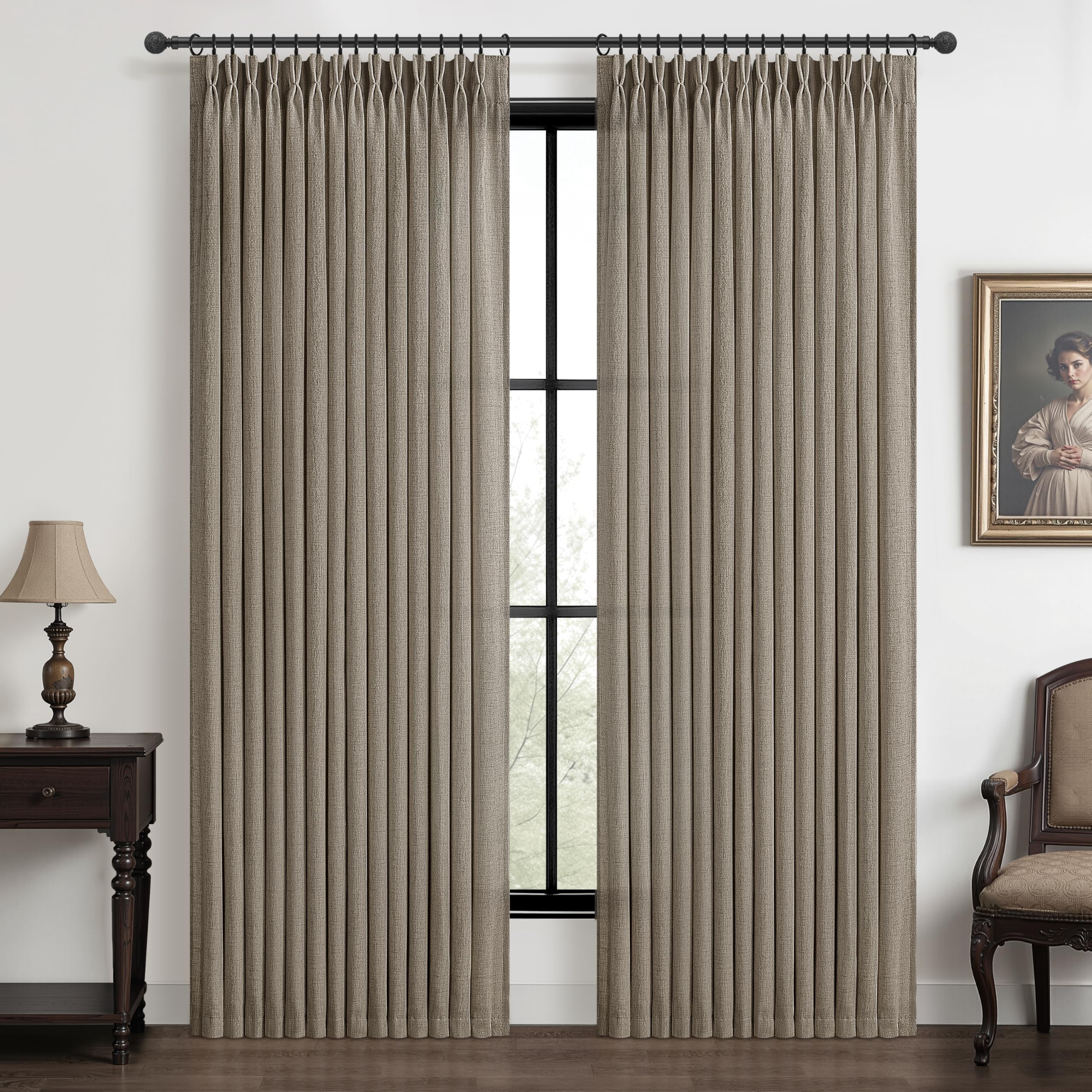 PleatedDrapes 96 Inch Curtains 2 Panel Set, Modern Linen Pleat Back Tab Dining Room Window Curtains Light Filtering Aesthetic Semi Sheer Living Room Drapes with Hooks Ring Cream Oatmeal W40 x L96